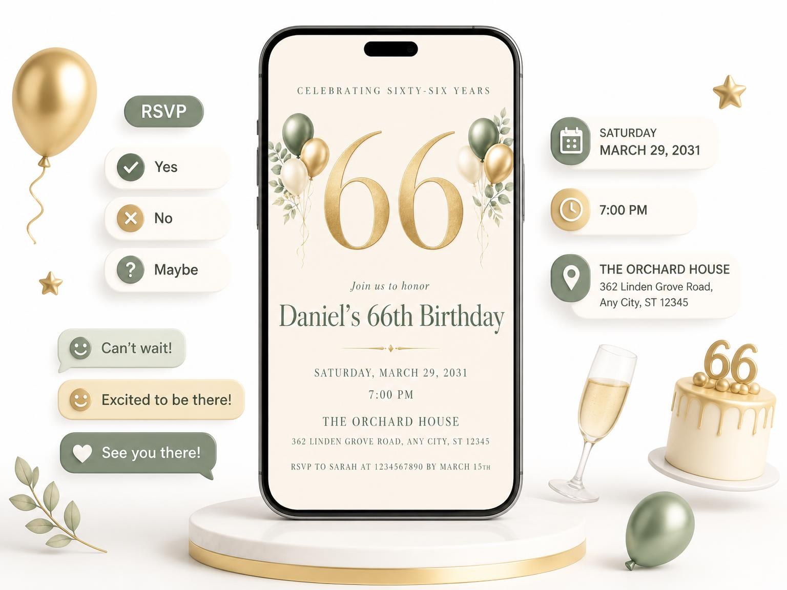 The Sage and Ivory 66th Birthday Invitation invitation on a phone, with guest RSVPs arriving around it