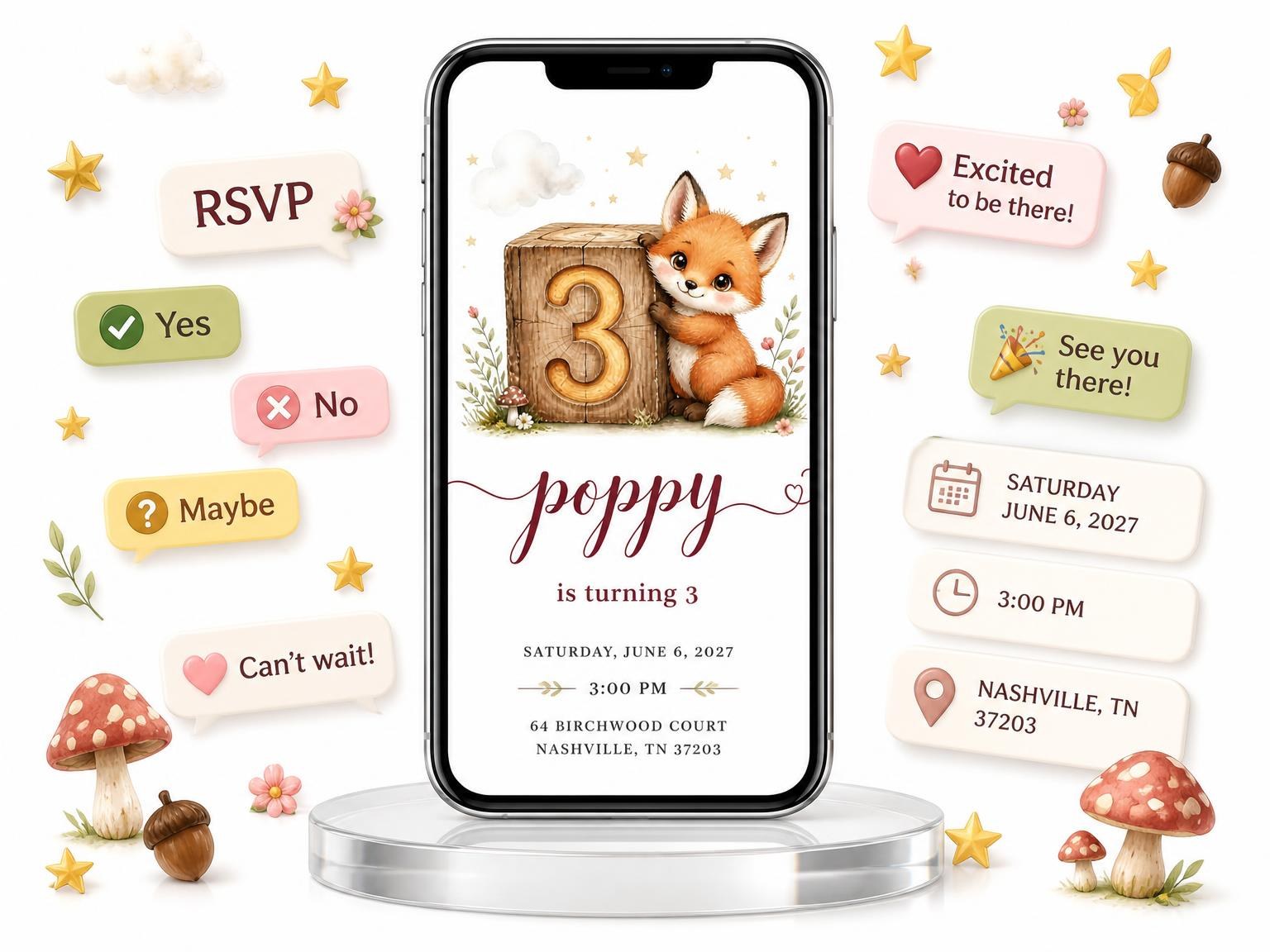 The Watercolor Woodland Fox 3rd Birthday invitation on a phone, with guest RSVPs arriving around it