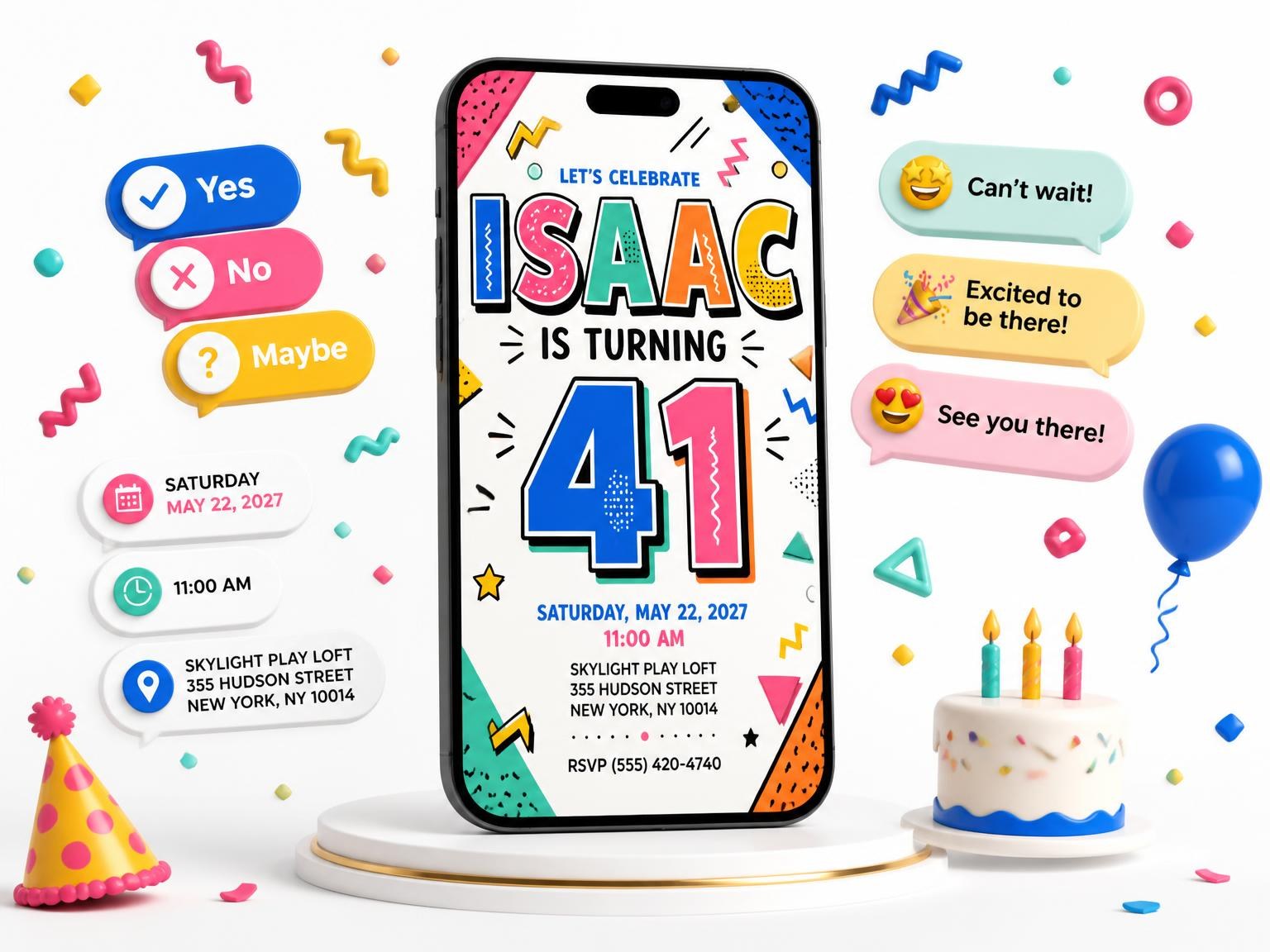 The Memphis Pop 41st Birthday Invitation invitation on a phone, with guest RSVPs arriving around it
