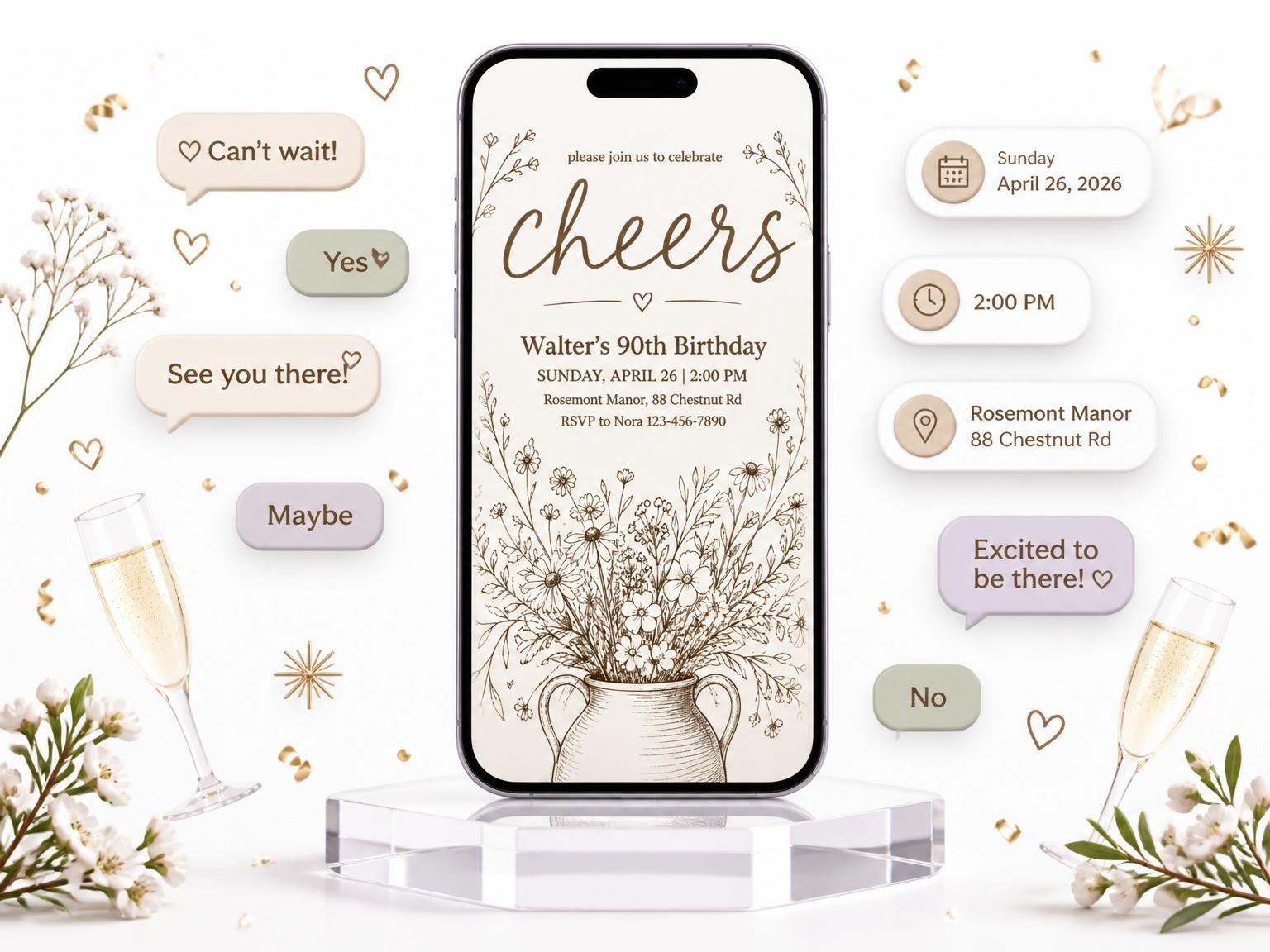 The Cream Ink Wildflower 90th Birthday invitation on a phone, with guest RSVPs arriving around it