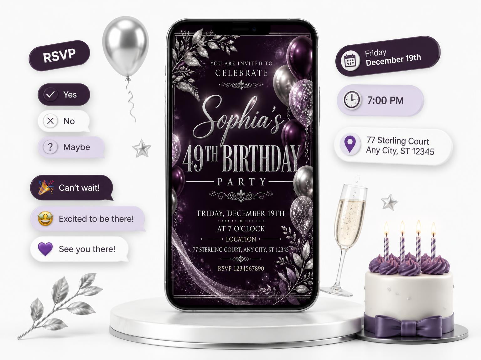 The Plum and Silver 49th Birthday Invitation invitation on a phone, with guest RSVPs arriving around it