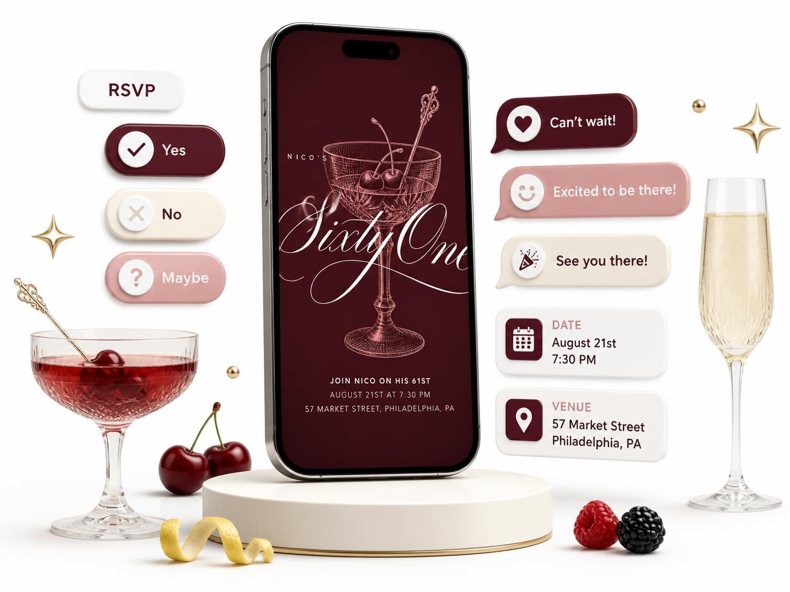 The Burgundy Cocktail 61st Birthday Invitation invitation on a phone, with guest RSVPs arriving around it