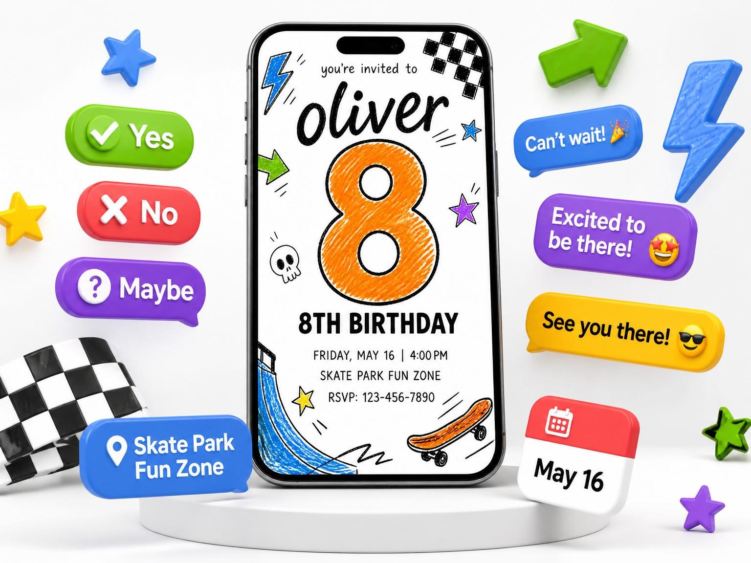 The Crayon Skate Park 8th Birthday Invitation invitation on a phone, with guest RSVPs arriving around it