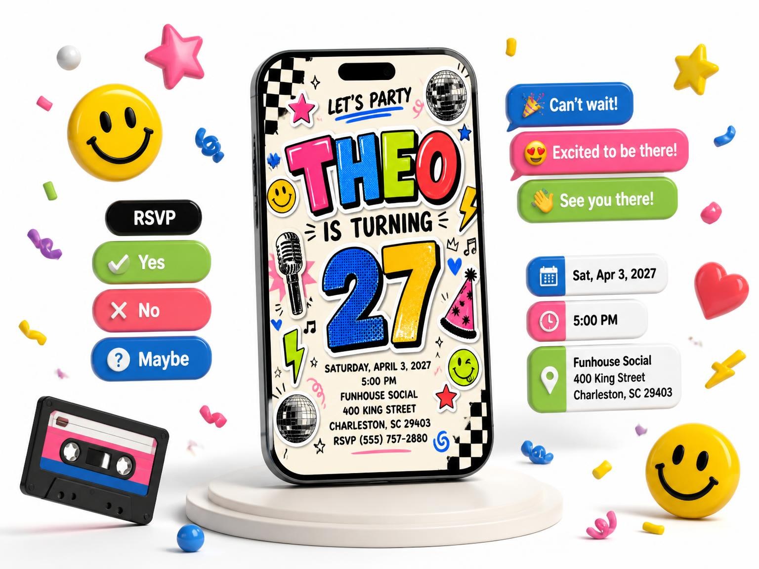 The Sticker Pop 27th Birthday Invitation invitation on a phone, with guest RSVPs arriving around it