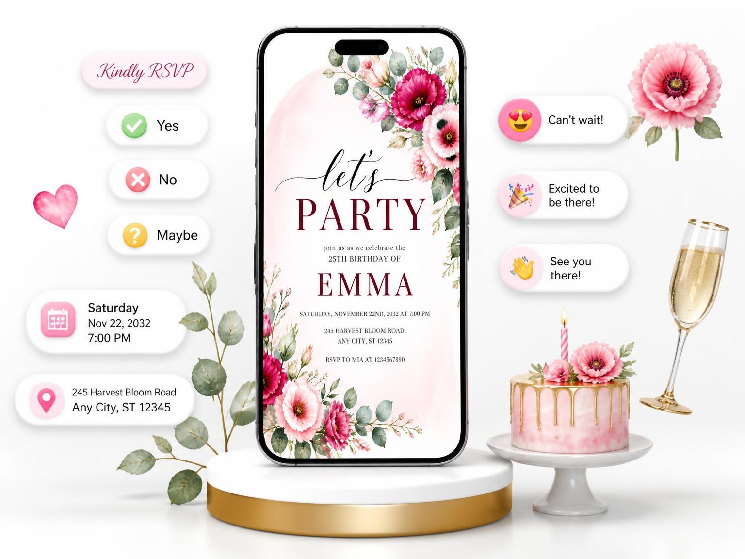 The Fuchsia Floral 25th Birthday Invitation invitation on a phone, with guest RSVPs arriving around it