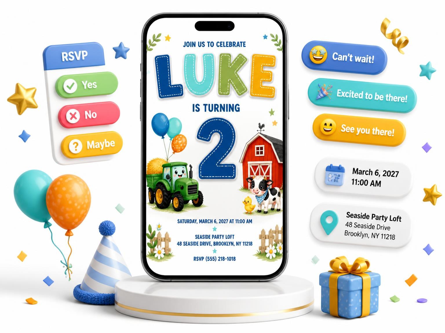 The Green Tractor Stitched 2nd Birthday Invitation invitation on a phone, with guest RSVPs arriving around it