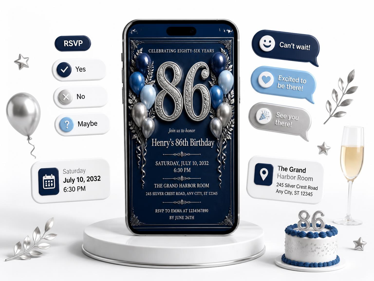 The Navy and Silver 86th Birthday Invitation invitation on a phone, with guest RSVPs arriving around it