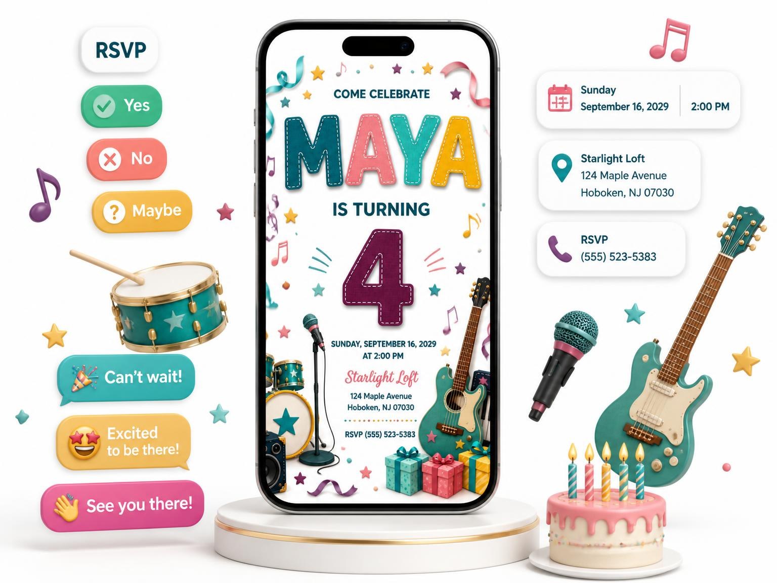 The Stitched Rock Star 4th Birthday Invitation invitation on a phone, with guest RSVPs arriving around it