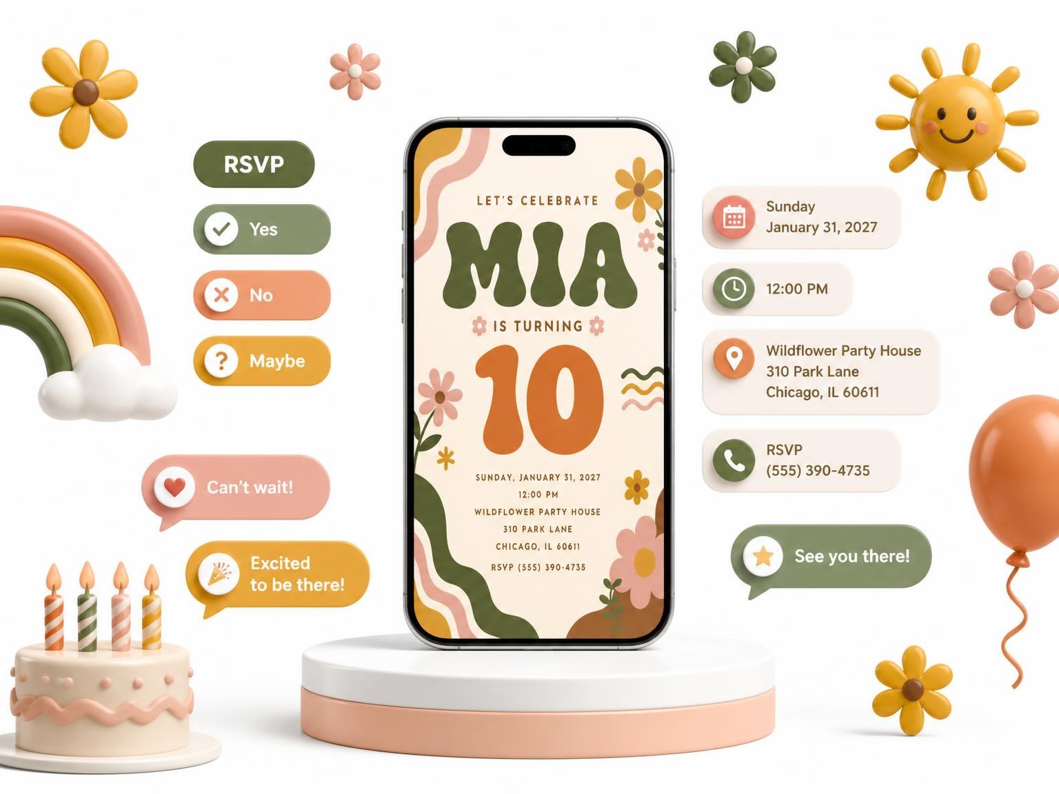 The Groovy Retro 10th Birthday Invitation invitation on a phone, with guest RSVPs arriving around it