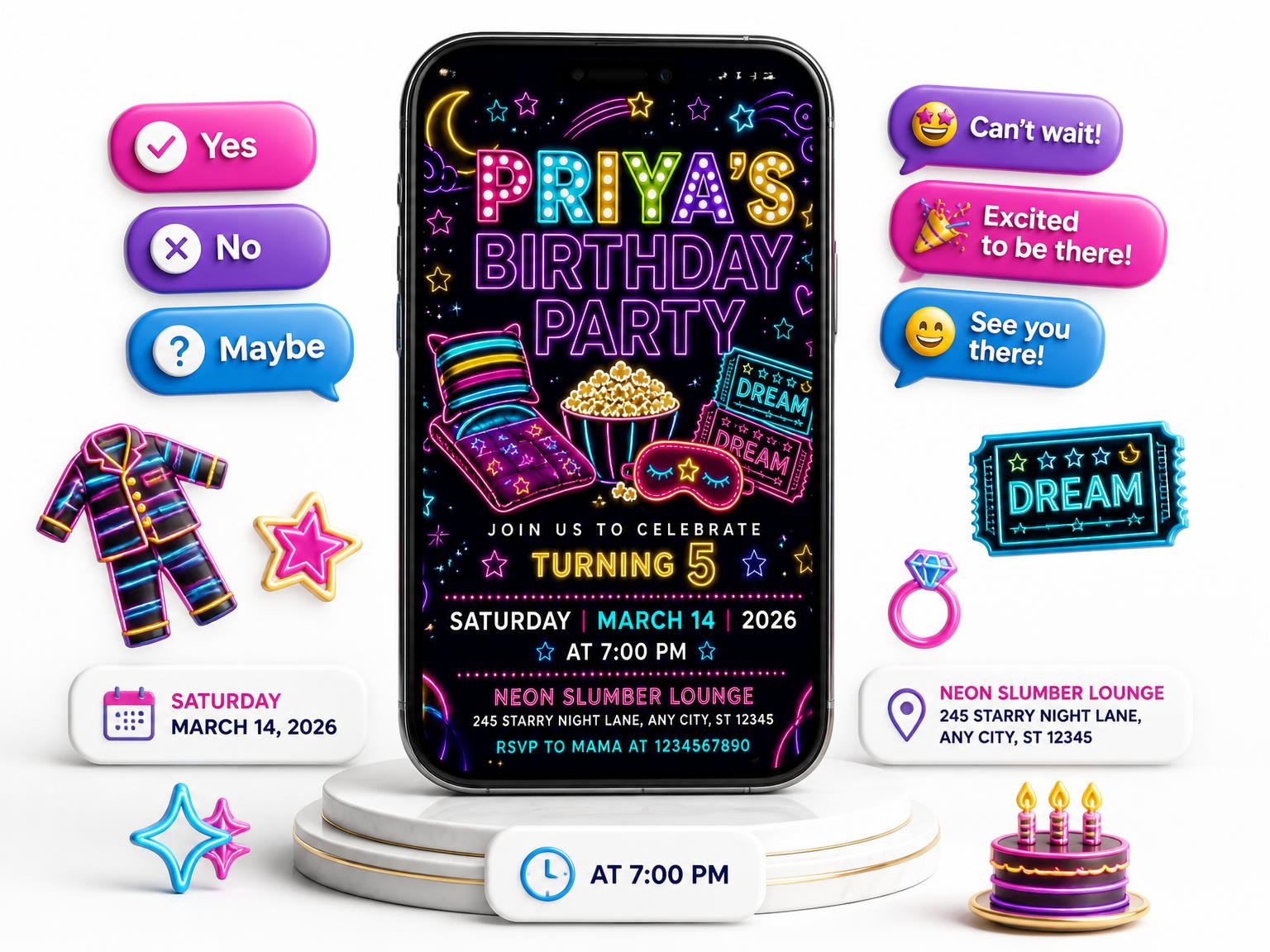 The Neon Pajama 5th Birthday Invitation invitation on a phone, with guest RSVPs arriving around it