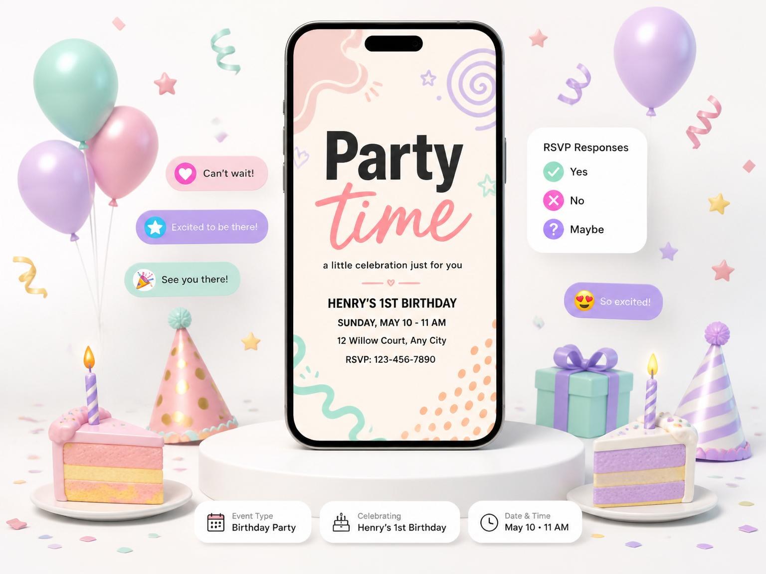 The Pastel Shape First Birthday Invitation invitation on a phone, with guest RSVPs arriving around it