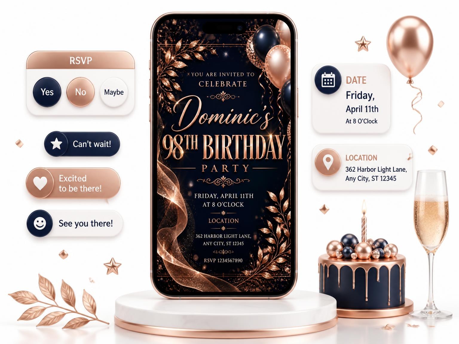 The Navy and Rose Gold 98th Birthday Invitation invitation on a phone, with guest RSVPs arriving around it
