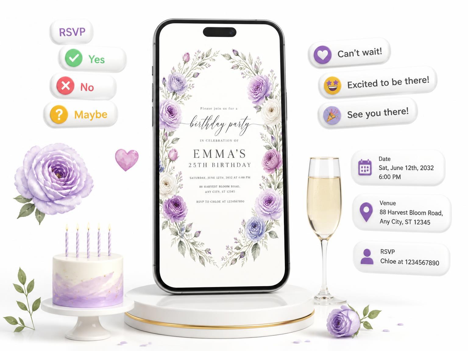The Floral Wreath Lavender 25th Birthday Invitation invitation on a phone, with guest RSVPs arriving around it