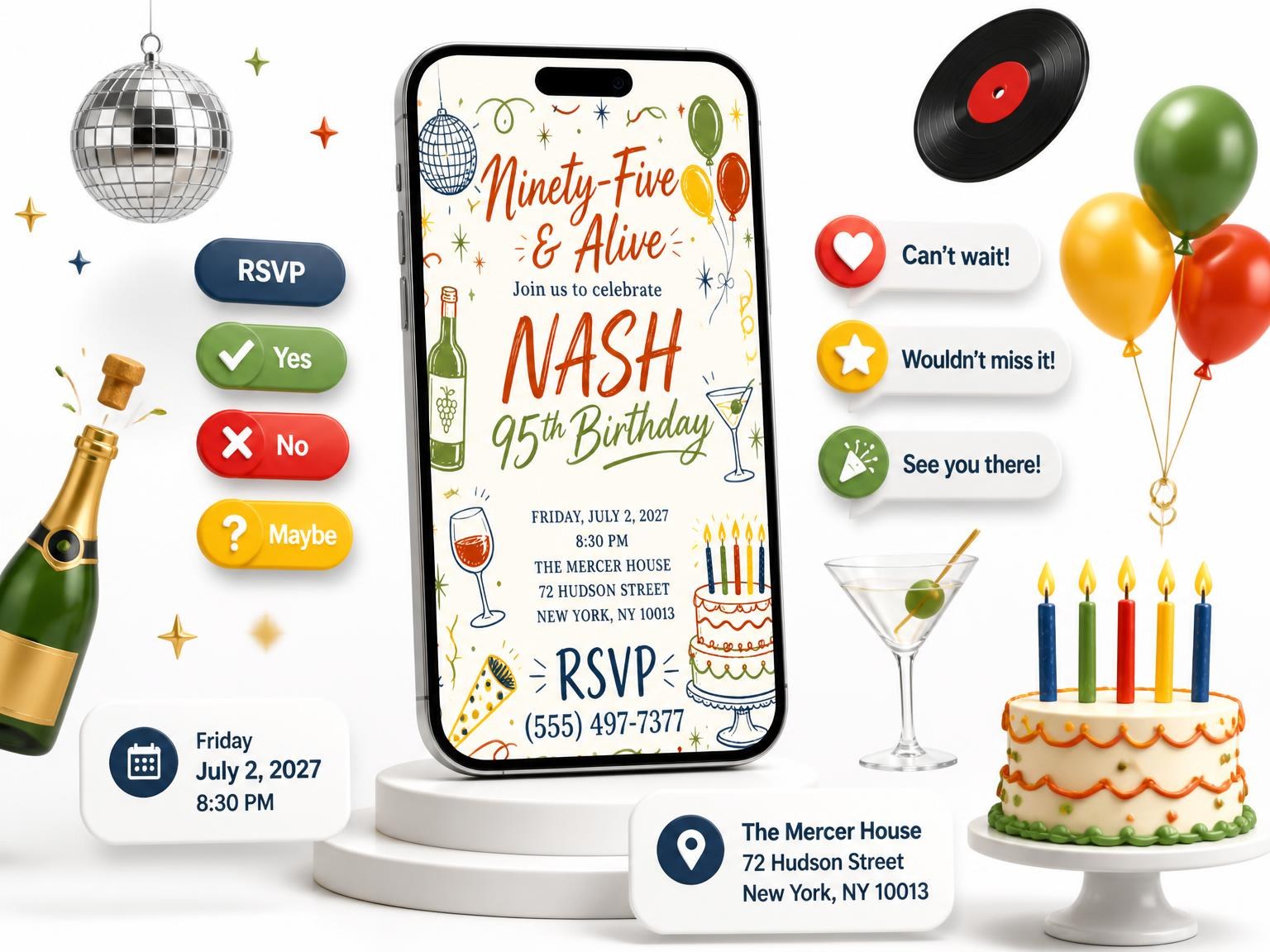 The Retro Doodle 95th Birthday Invitation invitation on a phone, with guest RSVPs arriving around it