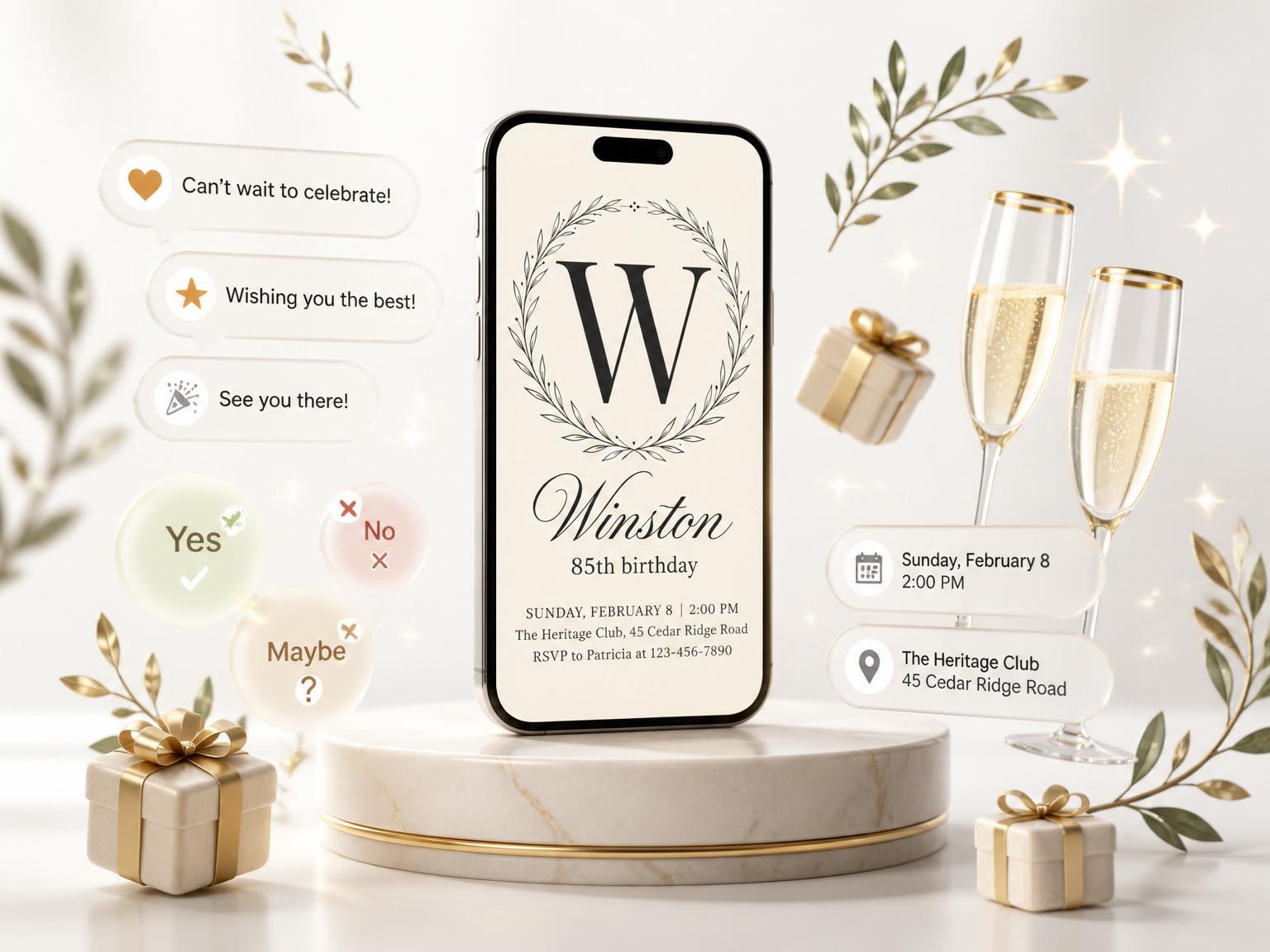 The Cream Charcoal Olive Laurel 85th Birthday invitation on a phone, with guest RSVPs arriving around it
