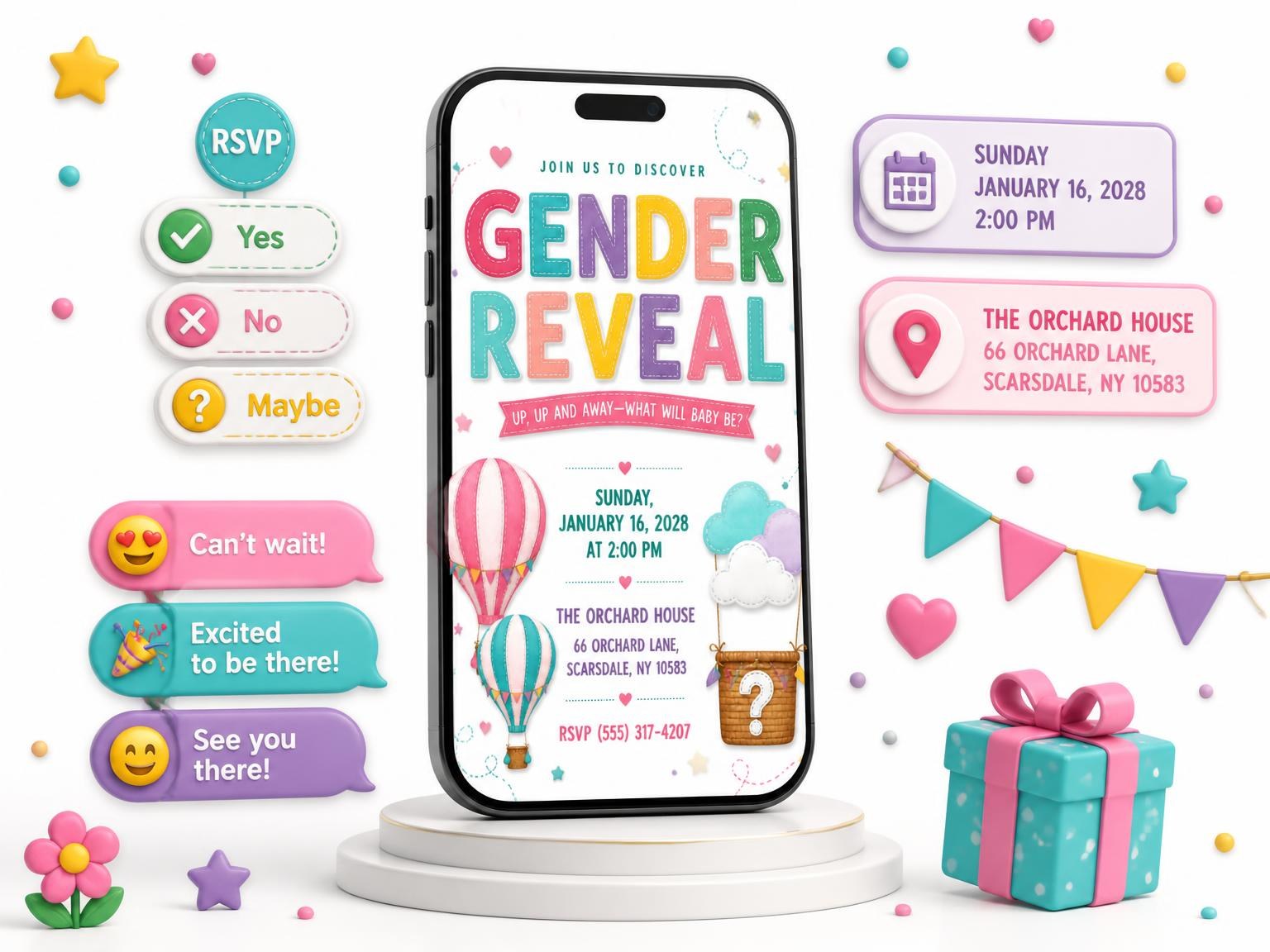 The Pink Hot Air Balloon Gender Reveal Invitation invitation on a phone, with guest RSVPs arriving around it