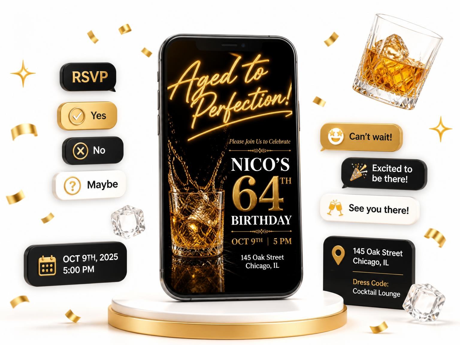 The Whiskey Glass 64th Birthday Invitation invitation on a phone, with guest RSVPs arriving around it