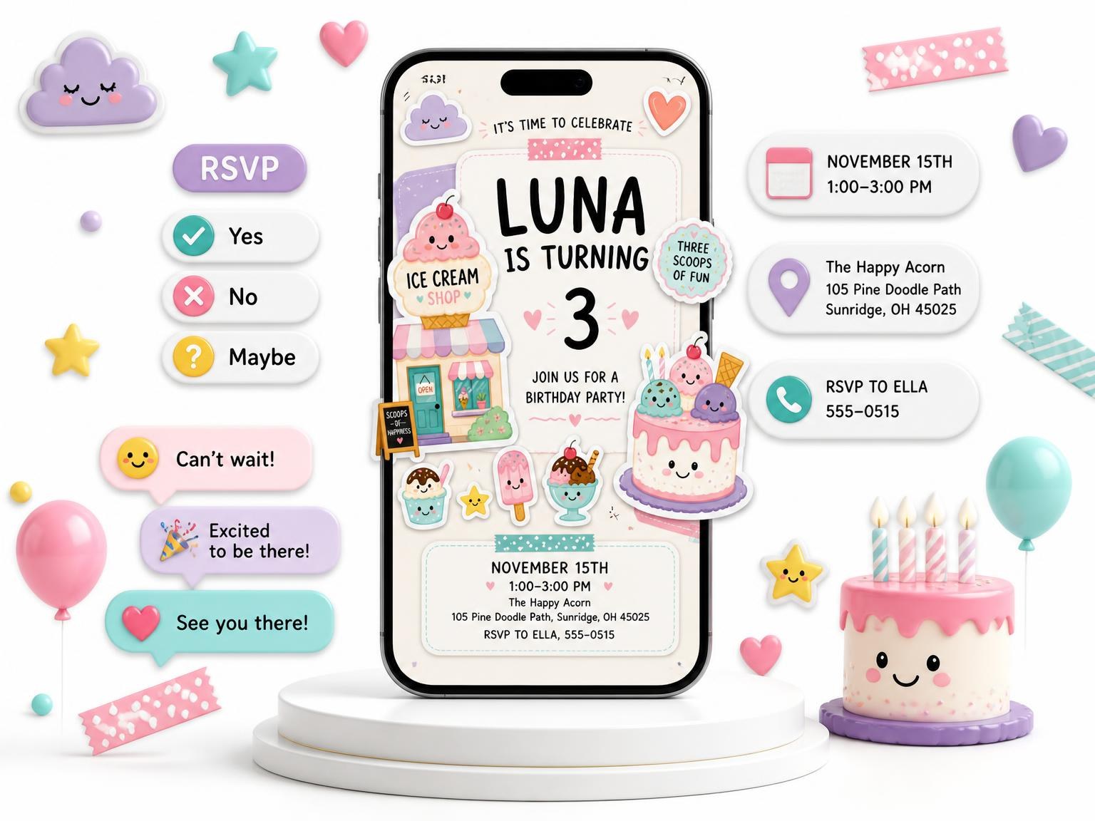 The Pastel Ice Cream Shop 3rd Birthday Invitation invitation on a phone, with guest RSVPs arriving around it