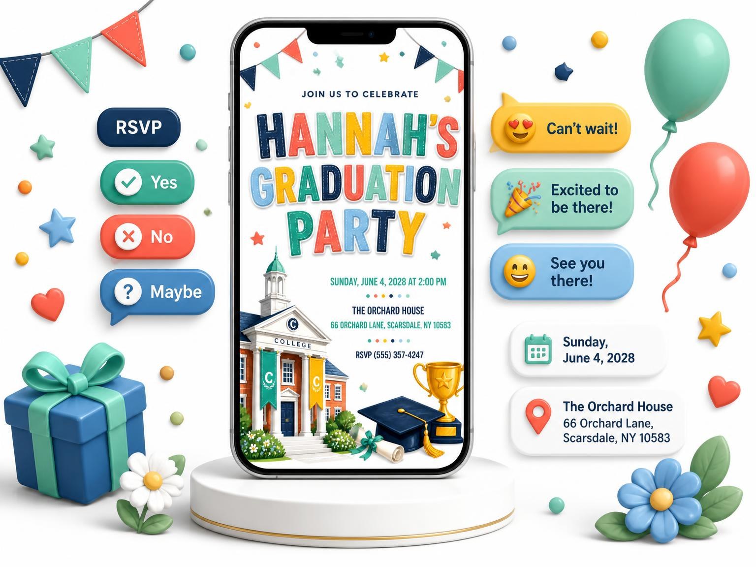 The Collegiate Building Graduation Party Invitation invitation on a phone, with guest RSVPs arriving around it