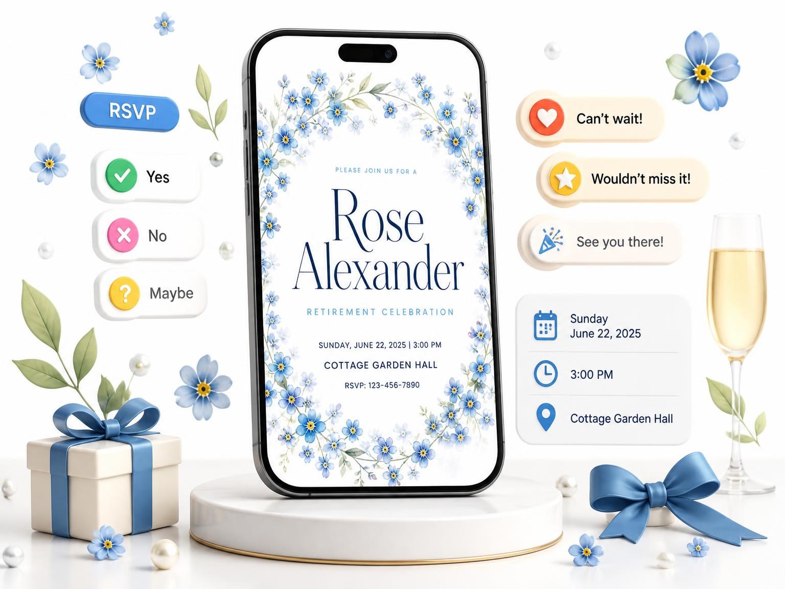 The Forget-Me-Not Retirement Celebration Invitation invitation on a phone, with guest RSVPs arriving around it