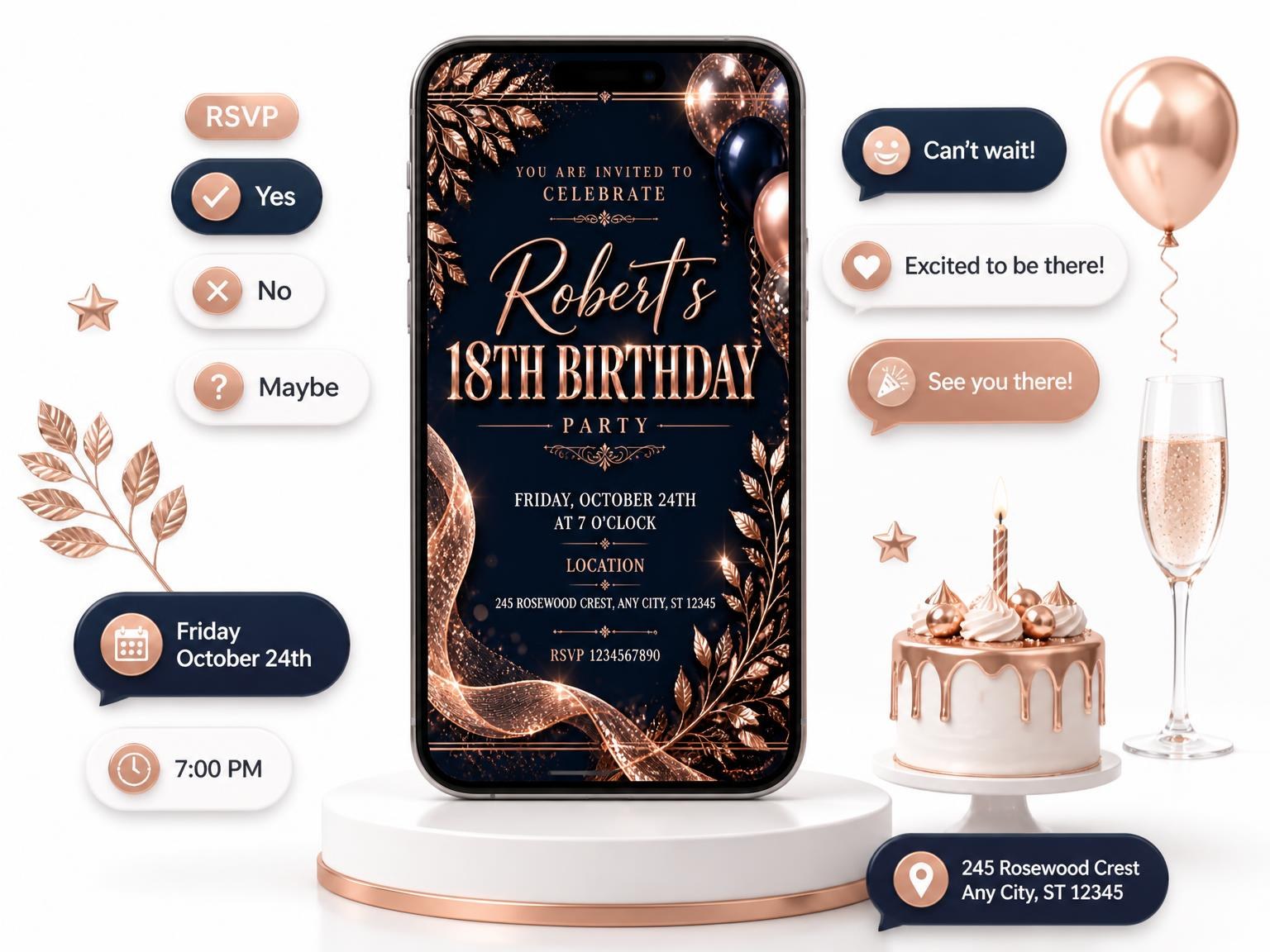 The Navy and Rose Gold 18th Birthday Invitation invitation on a phone, with guest RSVPs arriving around it