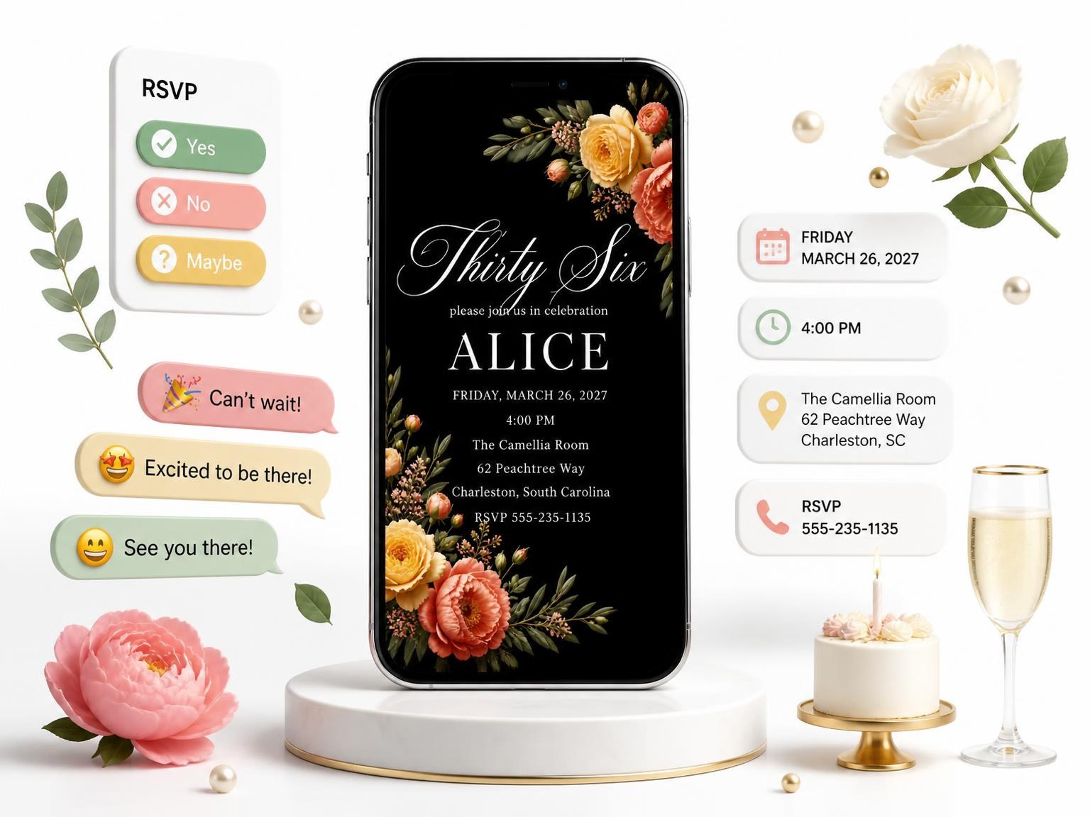 The Black Floral 36th Birthday Invitation invitation on a phone, with guest RSVPs arriving around it