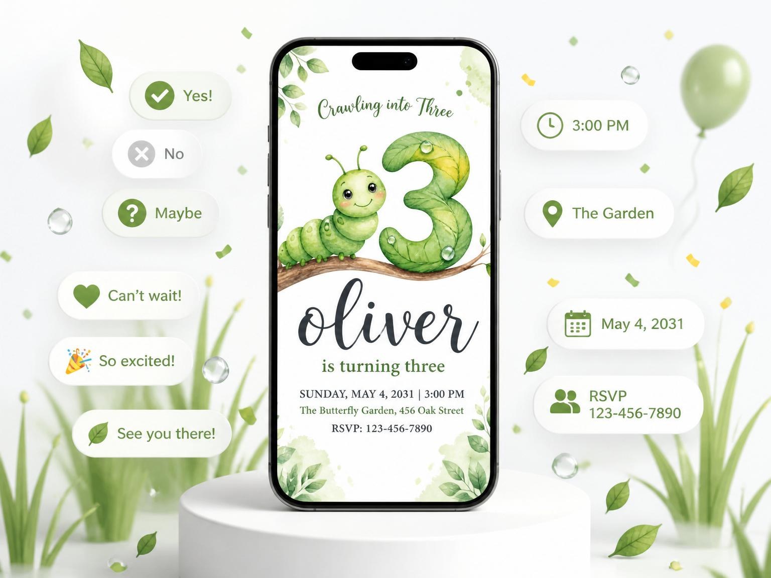 The Watercolor Caterpillar Leaf 3rd Birthday invitation on a phone, with guest RSVPs arriving around it