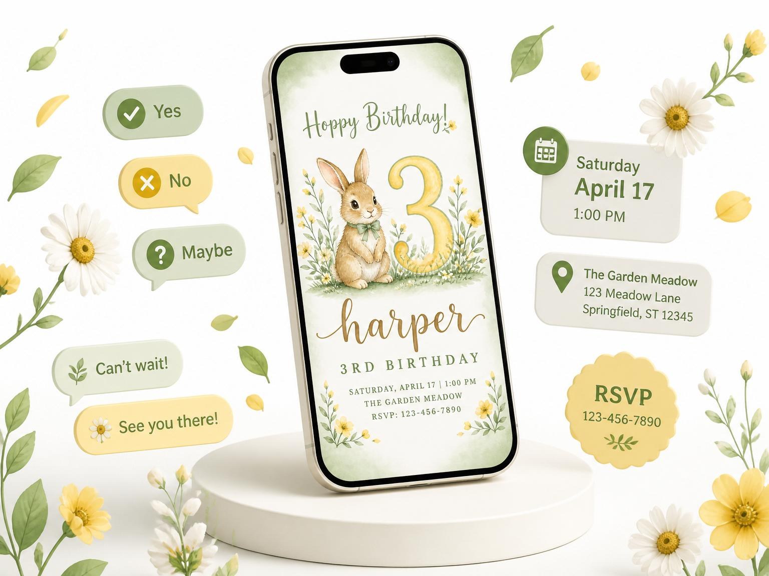 The Watercolor Bunny Garden 3rd Birthday invitation on a phone, with guest RSVPs arriving around it