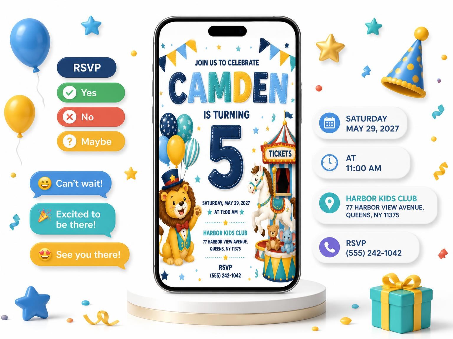 The Stitched Circus Lion 5th Birthday Invitation invitation on a phone, with guest RSVPs arriving around it