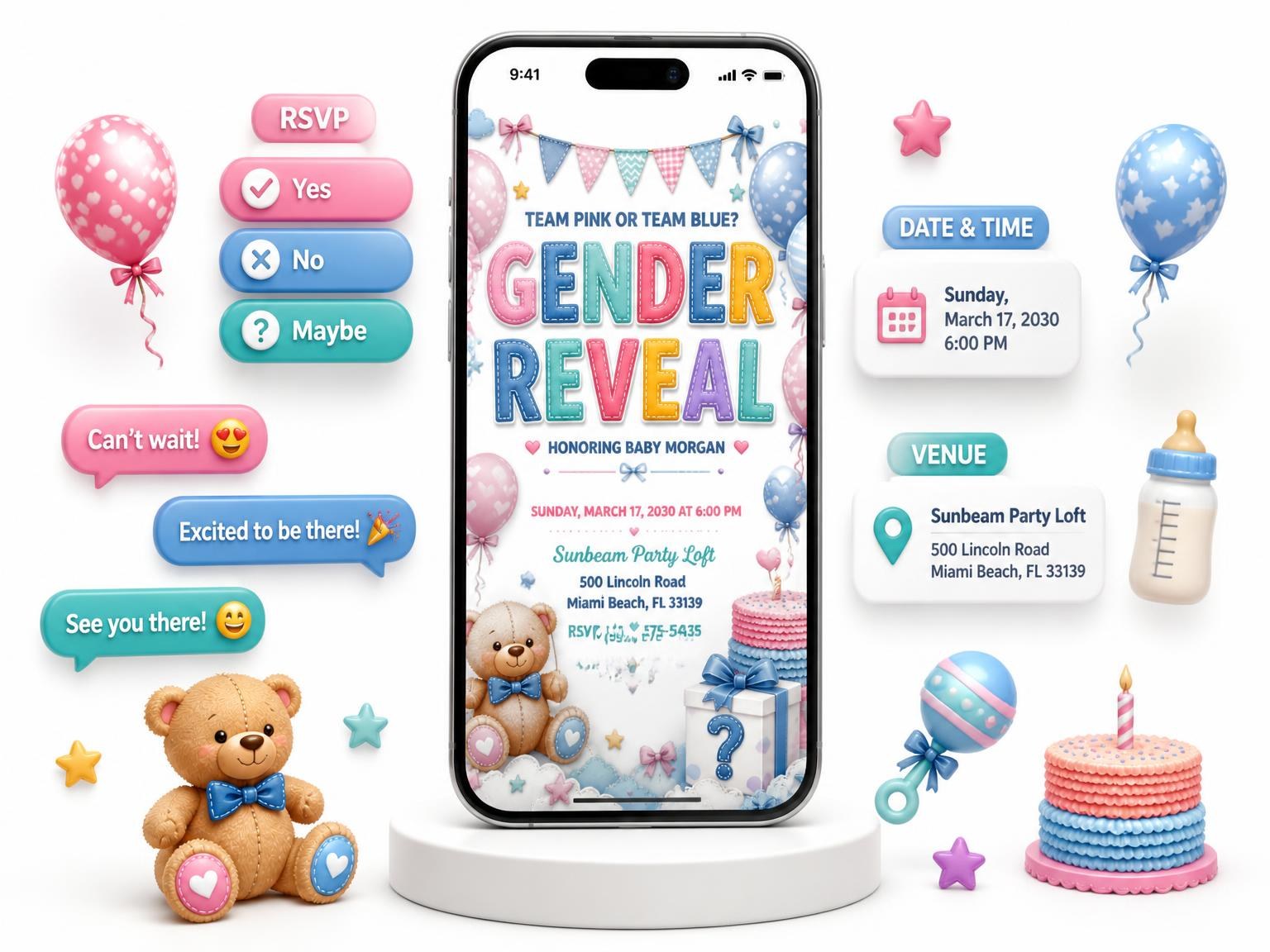 The Stitched Teddy Bear Gender Reveal Invitation invitation on a phone, with guest RSVPs arriving around it