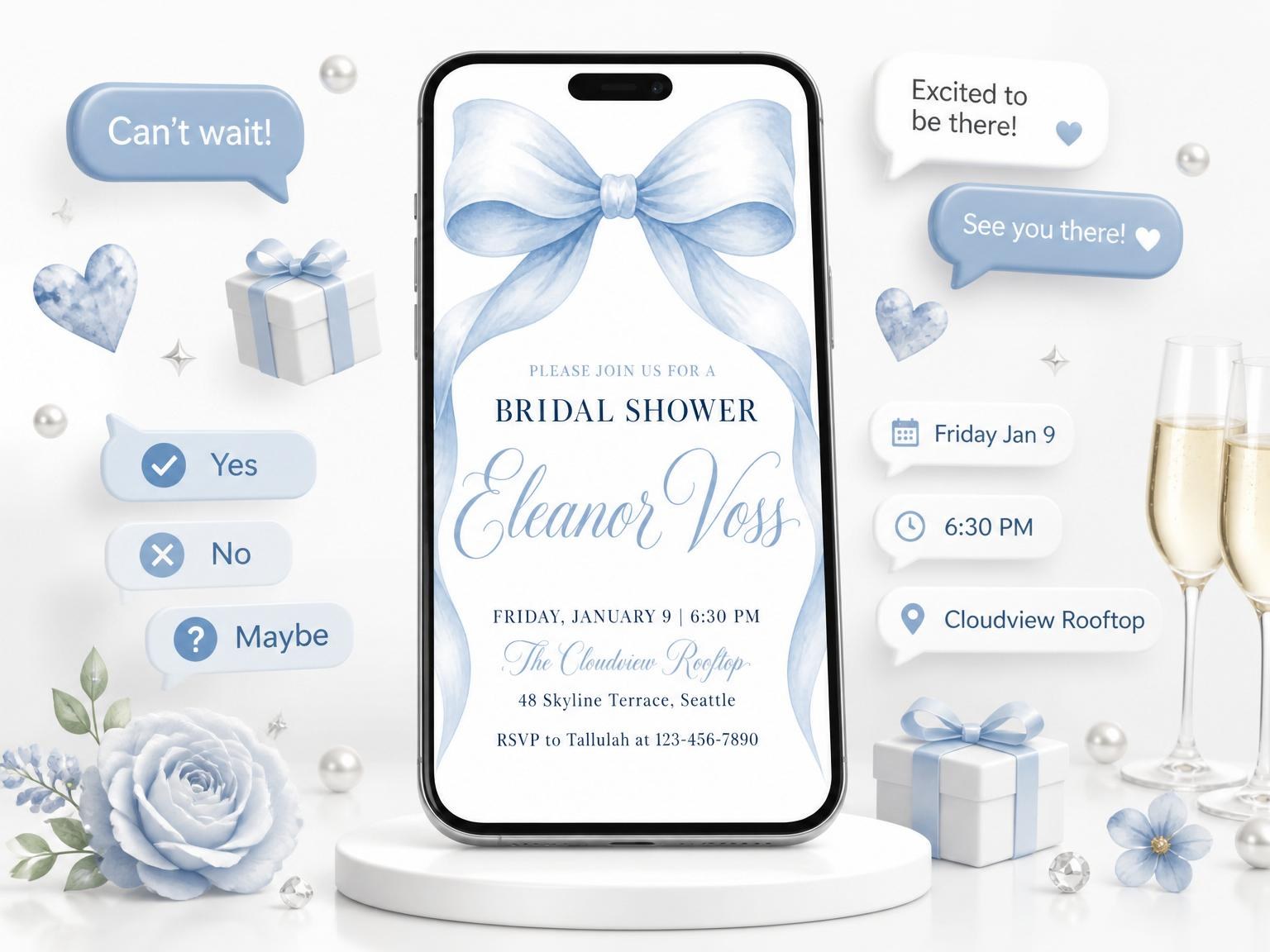 The Blue Watercolor Ribbon Bridal Shower invitation on a phone, with guest RSVPs arriving around it