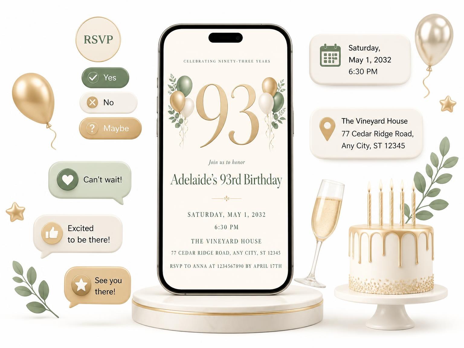 The Sage and Ivory 93rd Birthday Invitation invitation on a phone, with guest RSVPs arriving around it