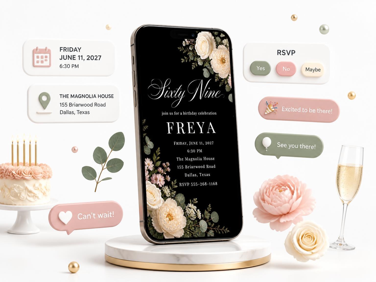 The Black Floral 69th Birthday Invitation invitation on a phone, with guest RSVPs arriving around it