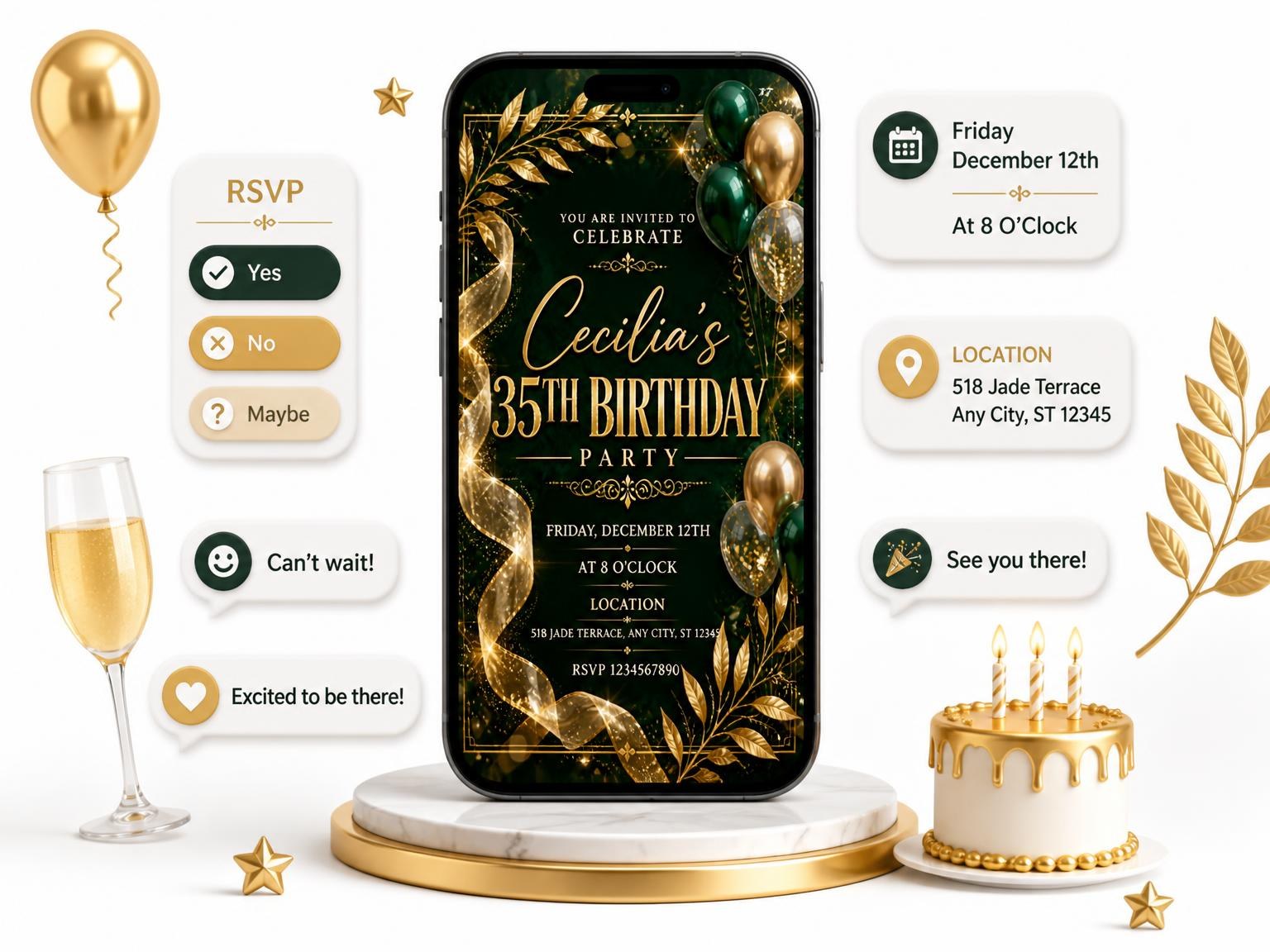 The Emerald and Champagne 35th Birthday Invitation invitation on a phone, with guest RSVPs arriving around it
