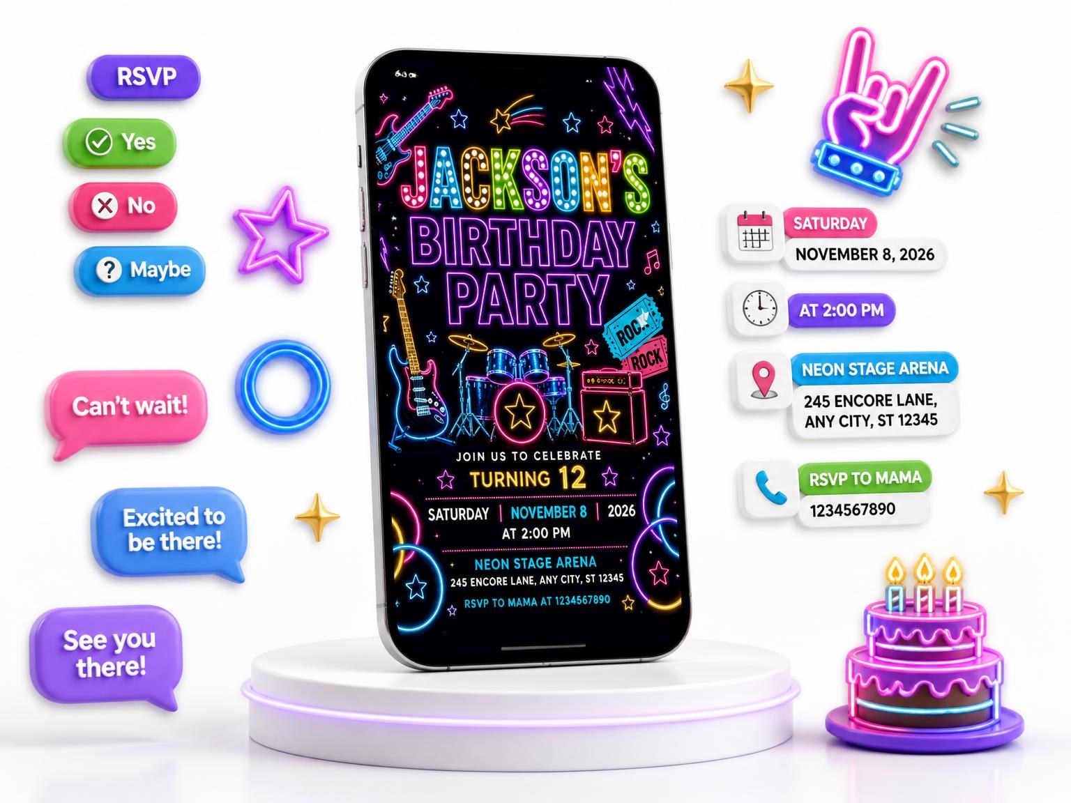 The Neon Rock Star 12th Birthday Invitation invitation on a phone, with guest RSVPs arriving around it