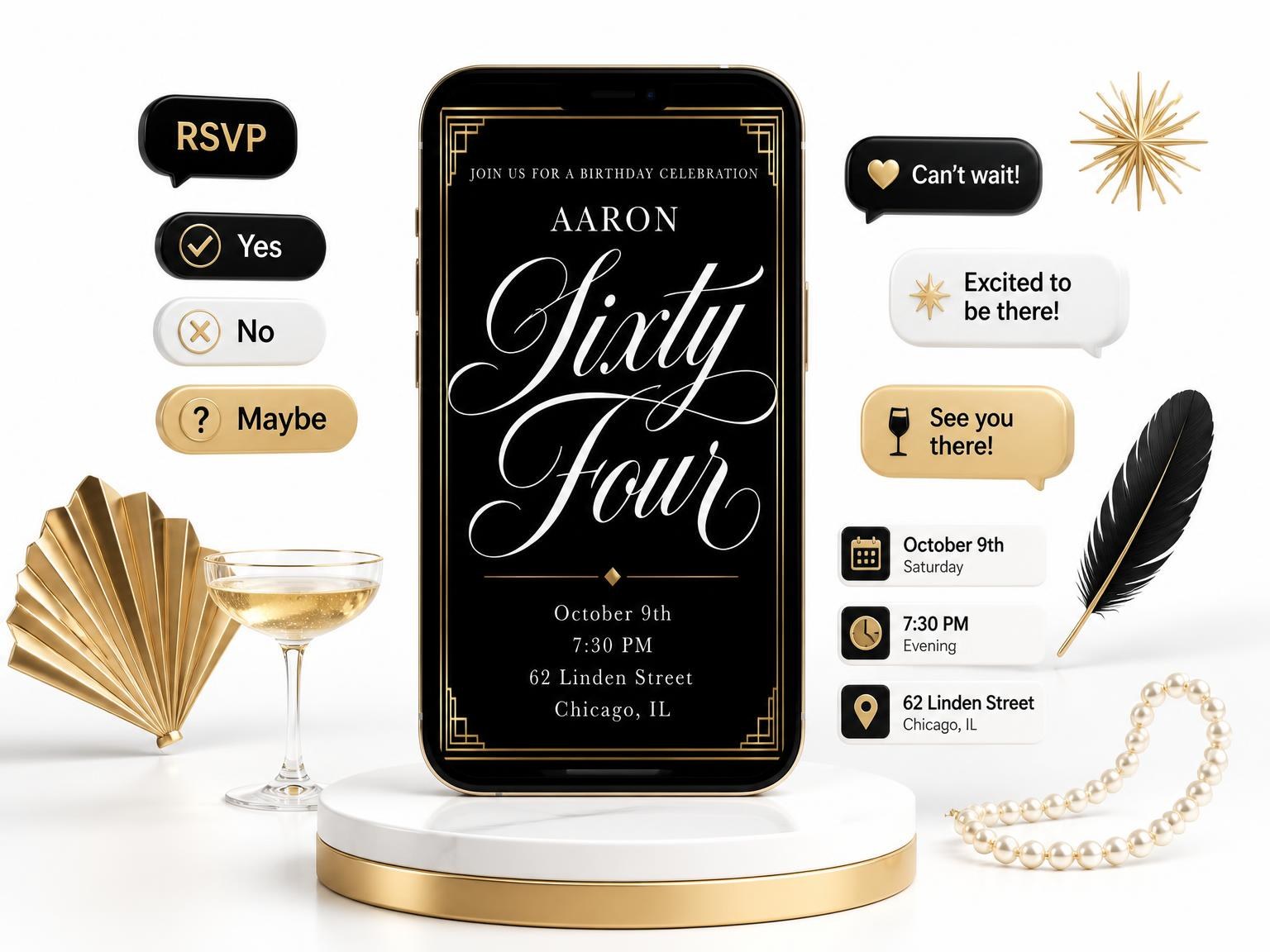 The Art Deco 64th Birthday Invitation invitation on a phone, with guest RSVPs arriving around it