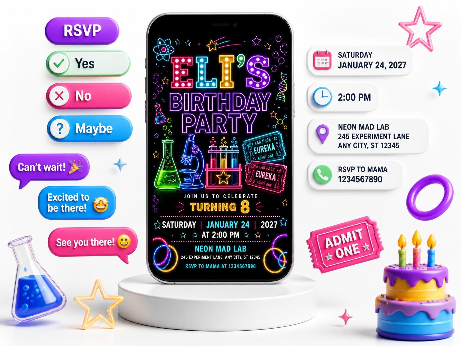 The Neon Science Lab 8th Birthday Invitation invitation on a phone, with guest RSVPs arriving around it