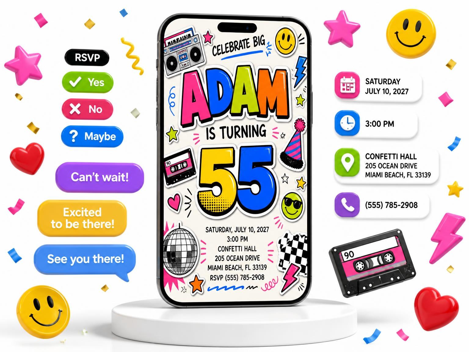 The Sticker Pop 55th Birthday Invitation invitation on a phone, with guest RSVPs arriving around it