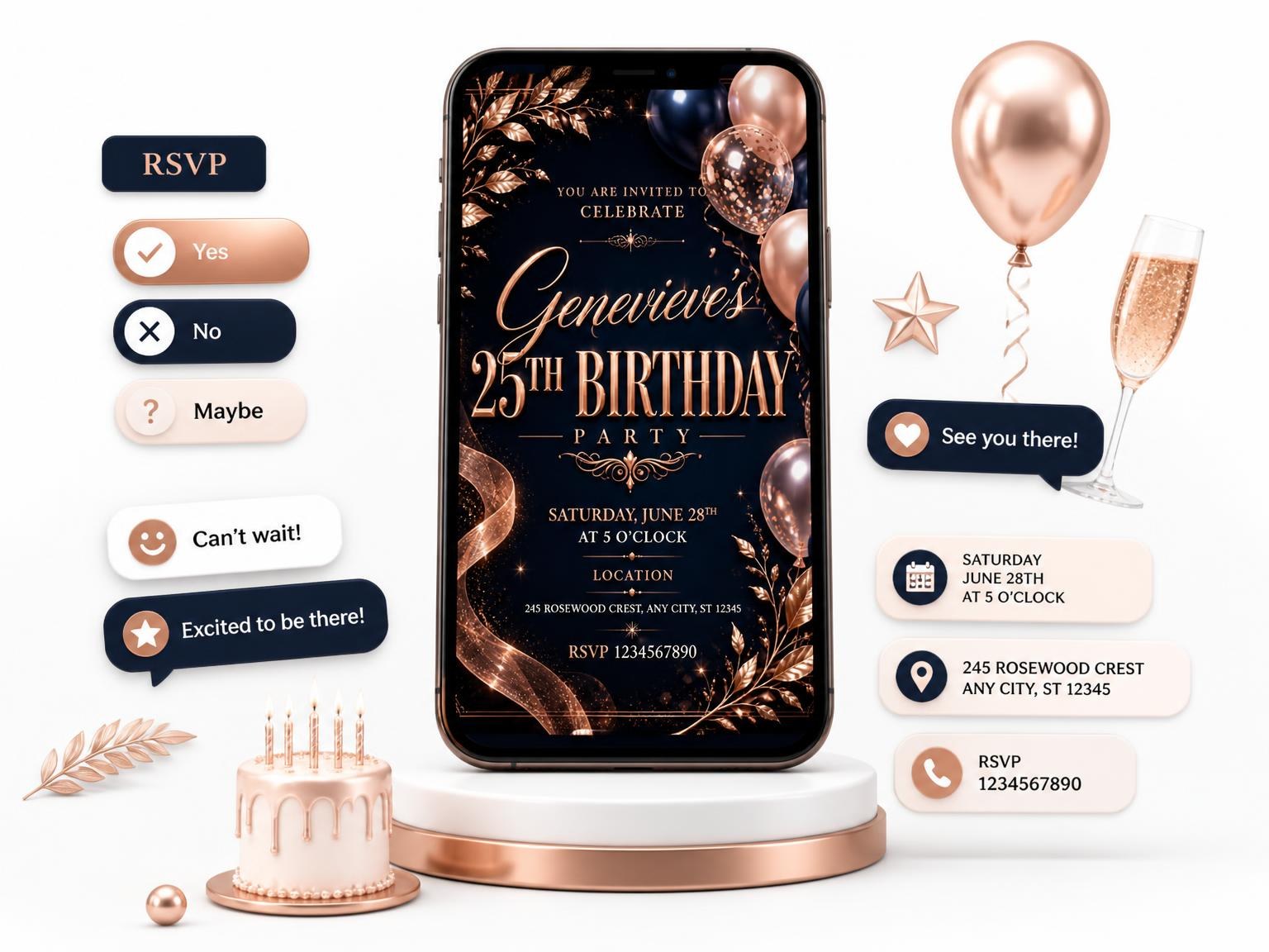 The Navy and Rose Gold 25th Birthday Invitation invitation on a phone, with guest RSVPs arriving around it