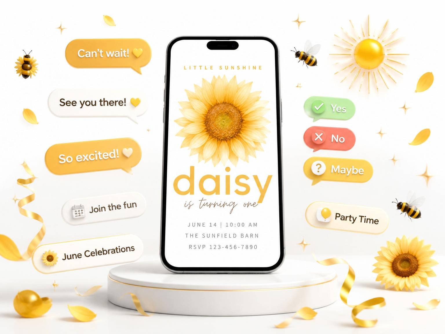 The Watercolor Sunflower First Birthday Invitation invitation on a phone, with guest RSVPs arriving around it