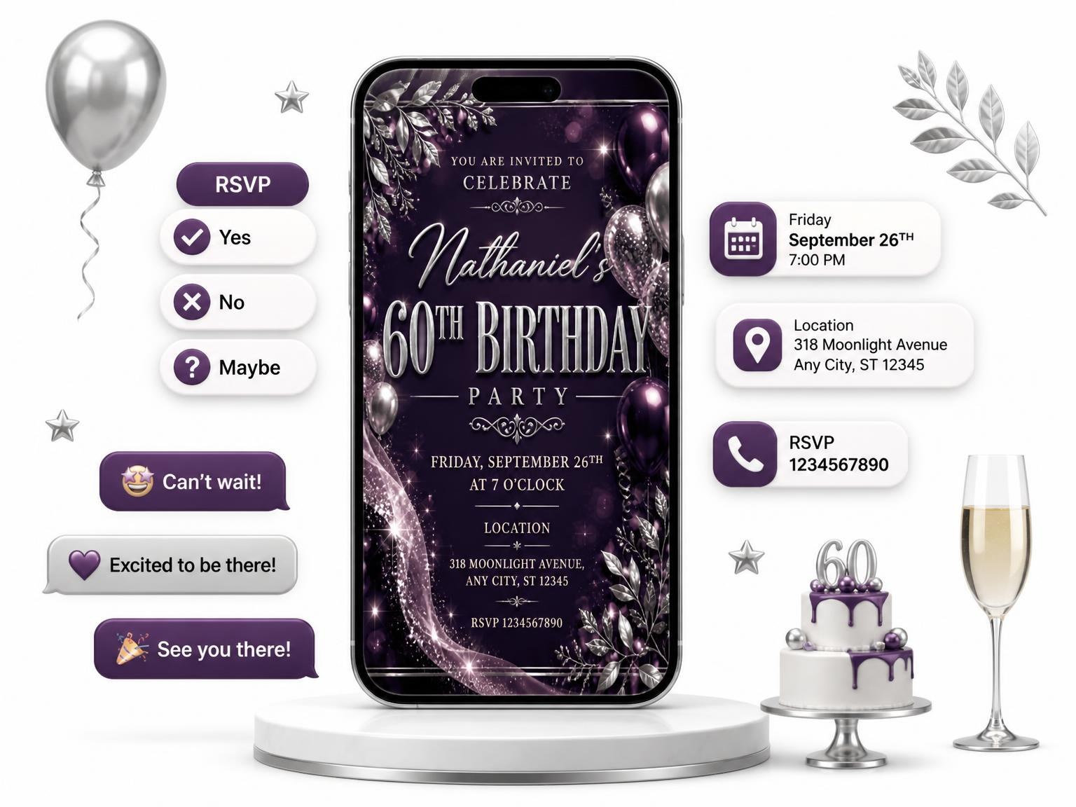 The Plum and Silver 60th Birthday Invitation invitation on a phone, with guest RSVPs arriving around it
