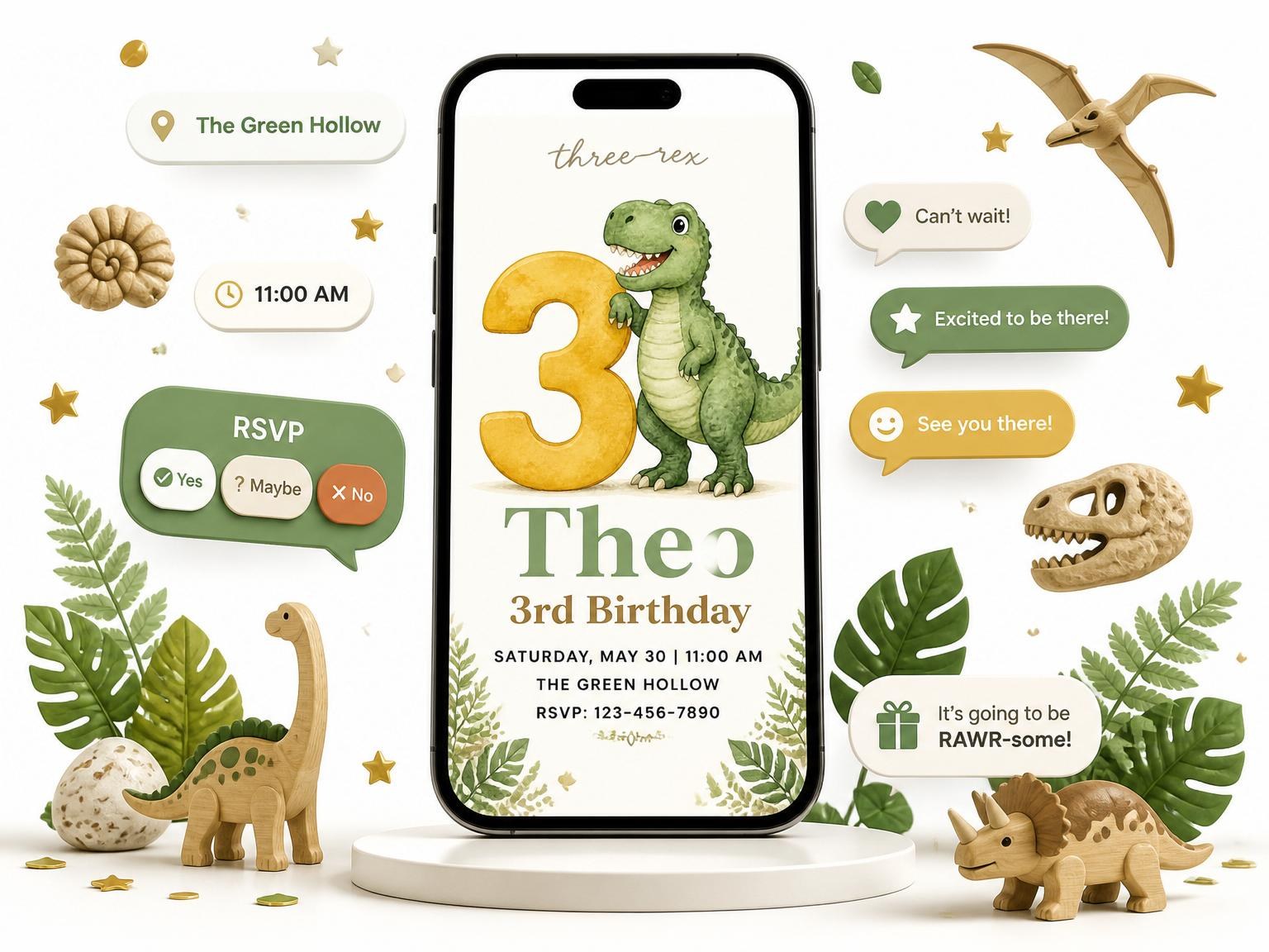 The Watercolor T-Rex 3rd Birthday Invitation invitation on a phone, with guest RSVPs arriving around it