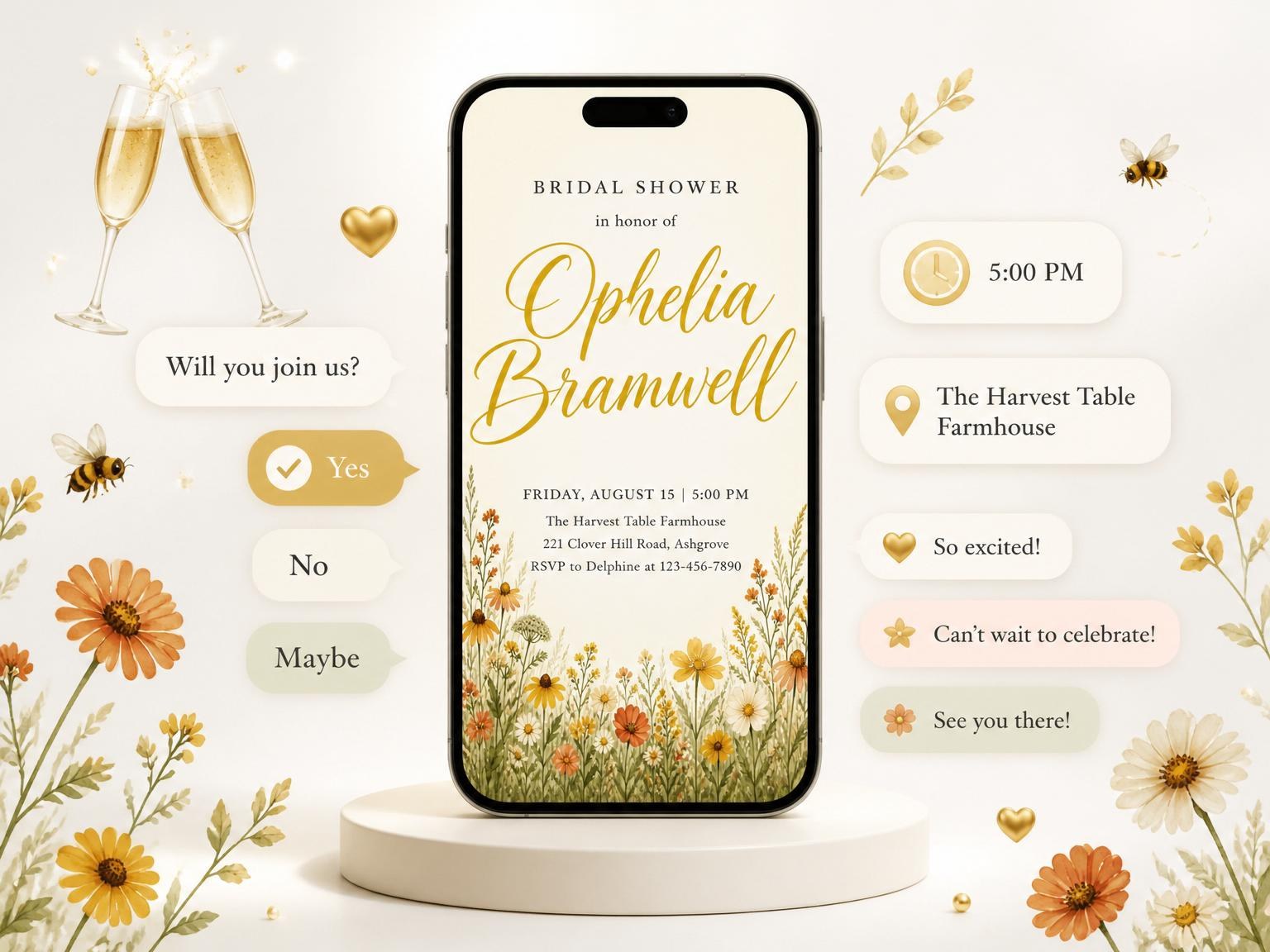 The Autumn Watercolor Wildflower Bridal Shower invitation on a phone, with guest RSVPs arriving around it