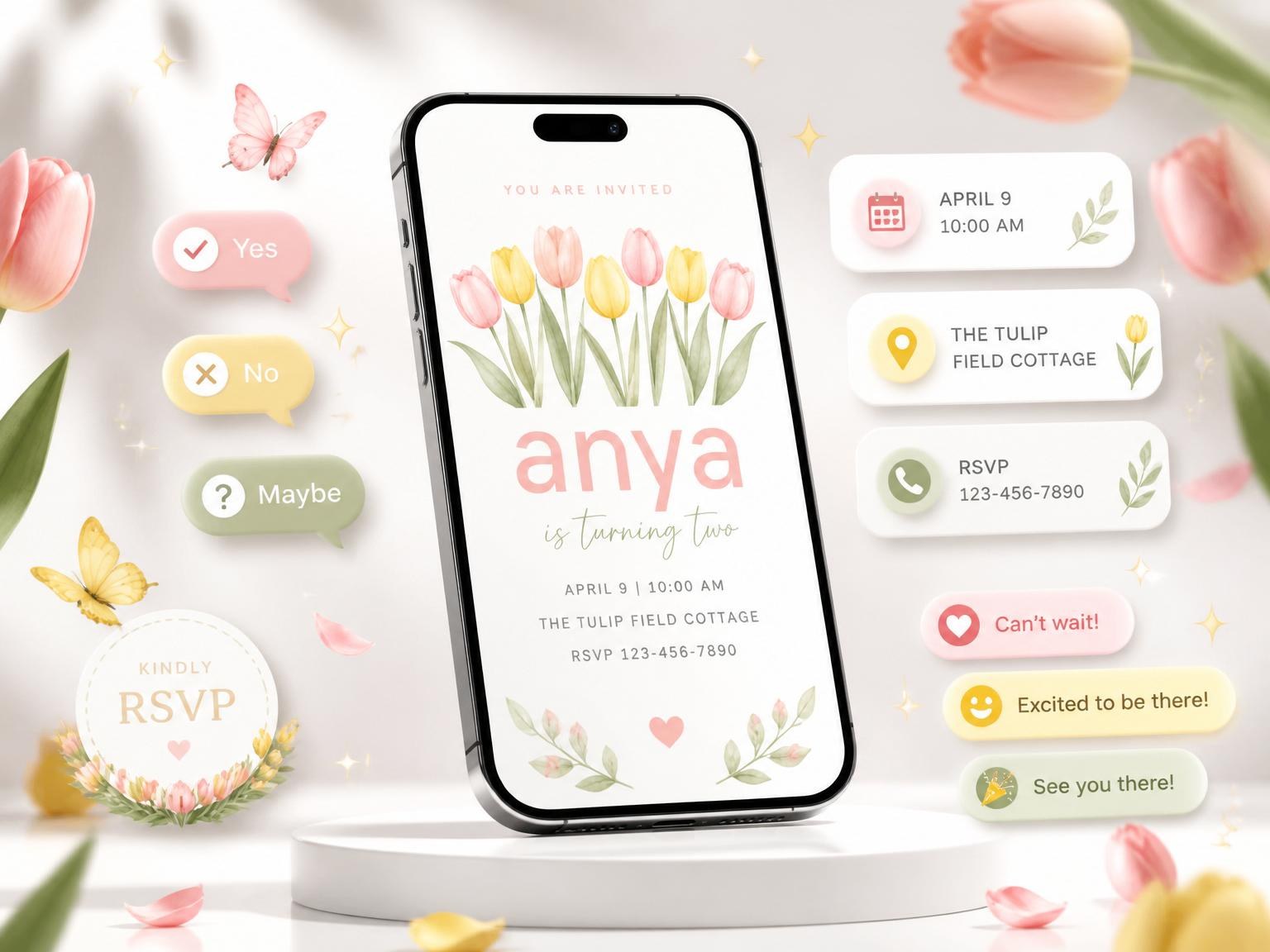 The Pink and Yellow Tulip 2nd Birthday invitation on a phone, with guest RSVPs arriving around it