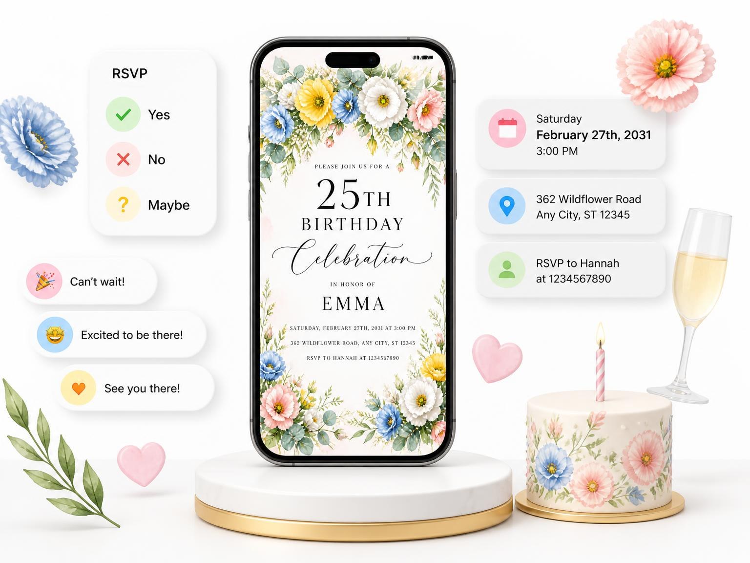 The Spring Floral Arch 25th Birthday Invitation invitation on a phone, with guest RSVPs arriving around it