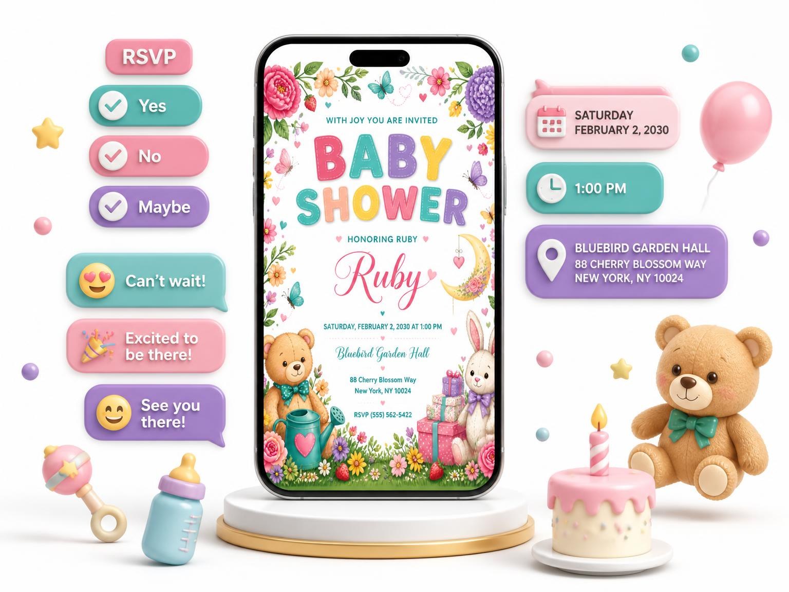 The Watering Can Baby Shower Invitation invitation on a phone, with guest RSVPs arriving around it