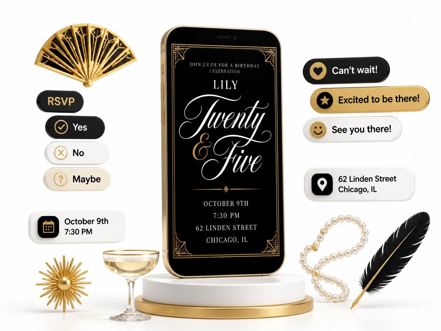 The Art Deco 25th Birthday Invitation invitation on a phone, with guest RSVPs arriving around it