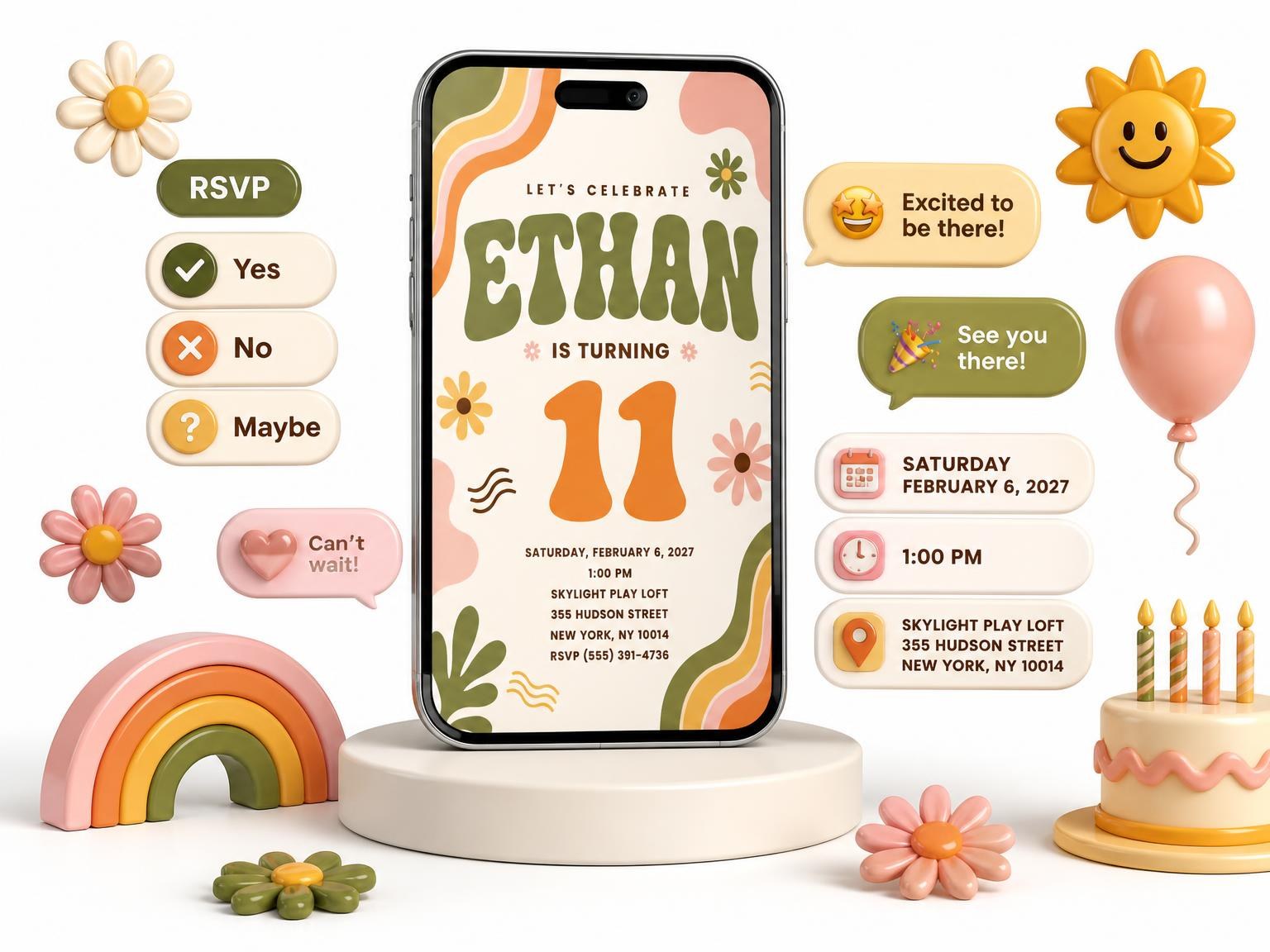 The Groovy Retro 11th Birthday Invitation invitation on a phone, with guest RSVPs arriving around it
