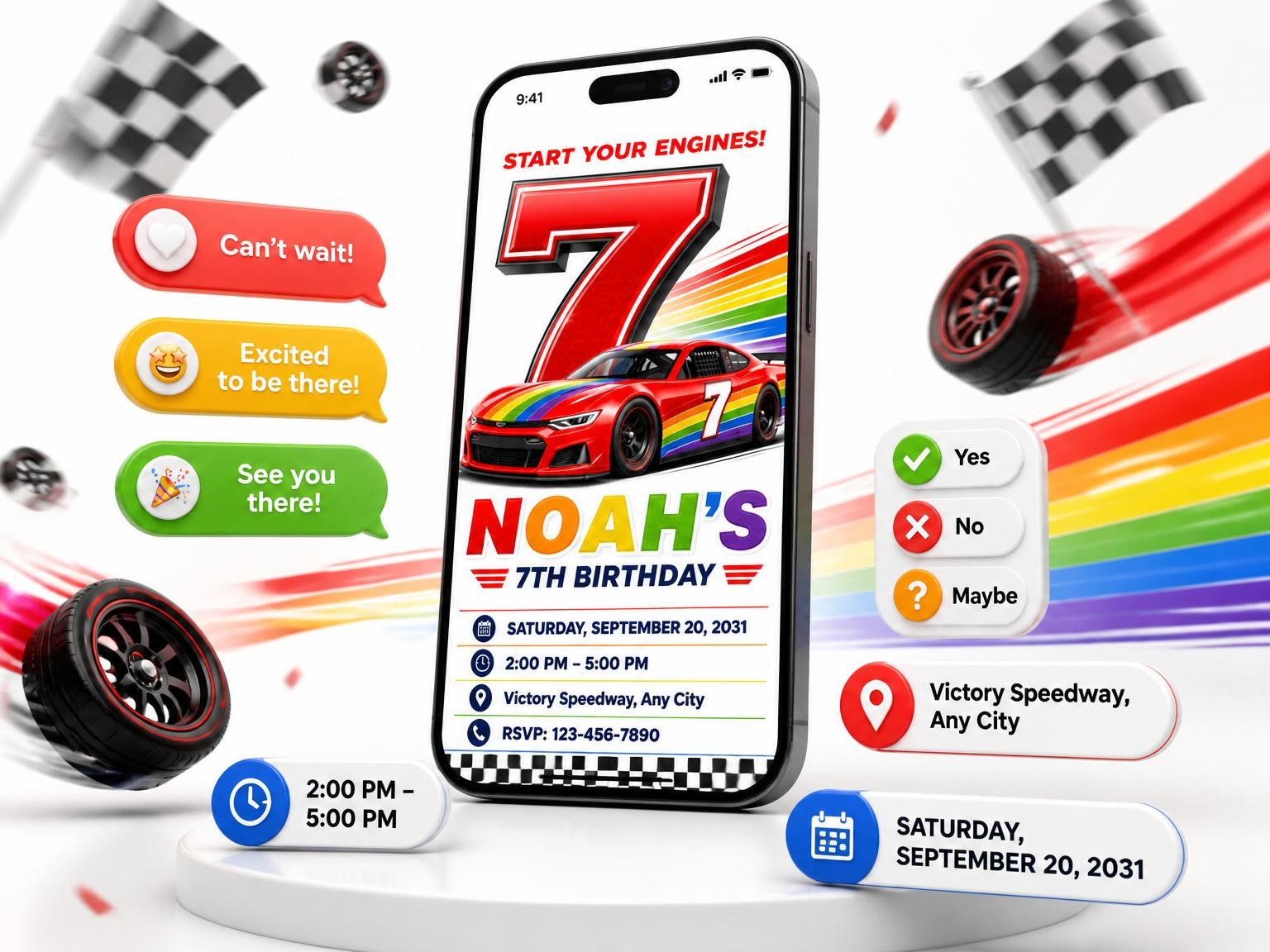 The Rainbow Race Car 7th Birthday invitation on a phone, with guest RSVPs arriving around it