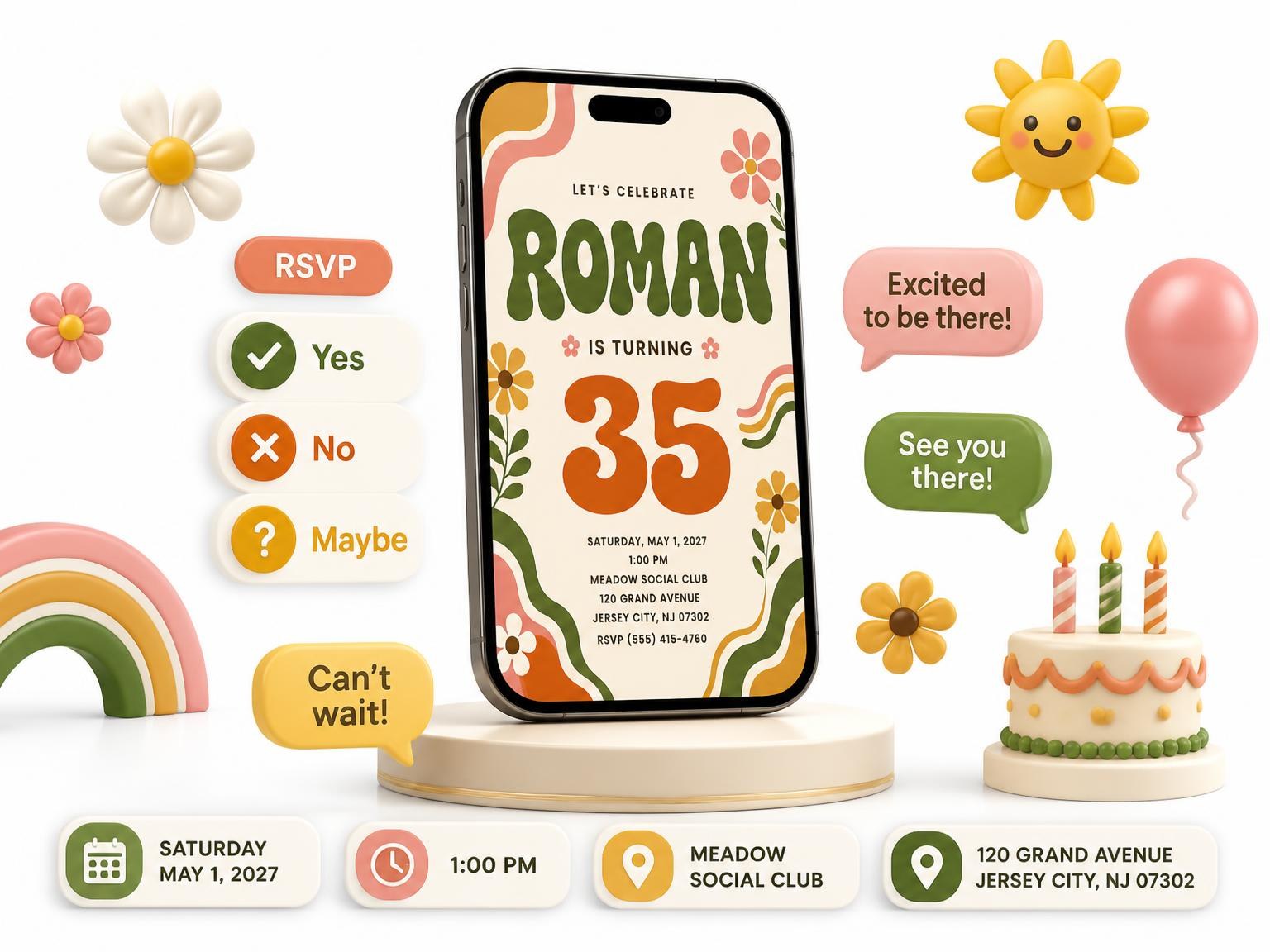 The Groovy Retro 35th Birthday Invitation invitation on a phone, with guest RSVPs arriving around it